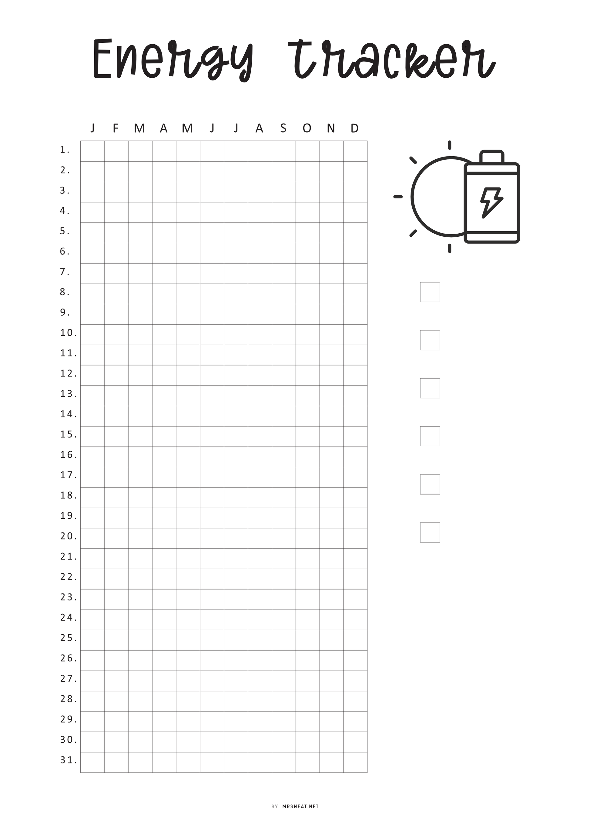 Yearly Energy Tracker Template, Energy Level Template PDF, Mood Tracker, Health Journal, Health Log, Health Tracker Template, A4, A5, Letter, Half Letter, PDF, 2 versions