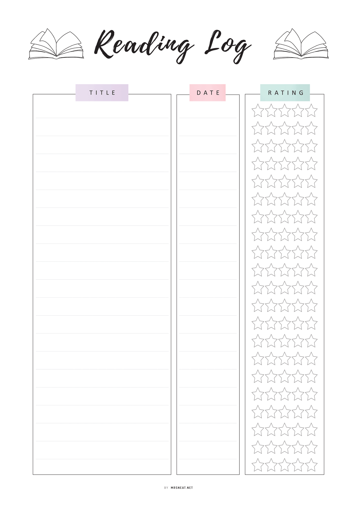 Reading Log Template Printable Vol.02, Colorful Page, A4, A5, Letter, Half Letter, Digital Planner, Fillable version PDF