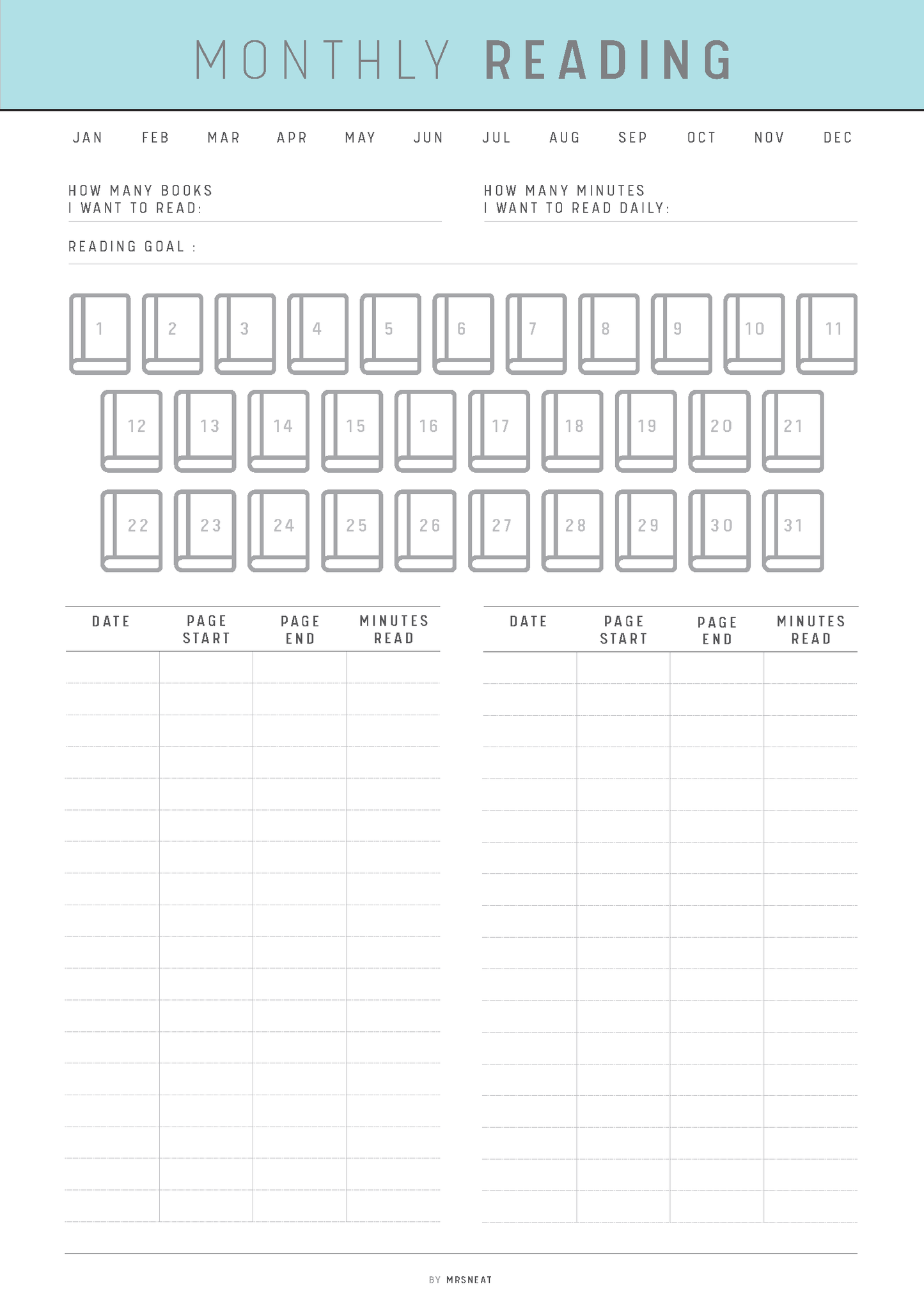 Monthly reading tracker with a light blue header and white background