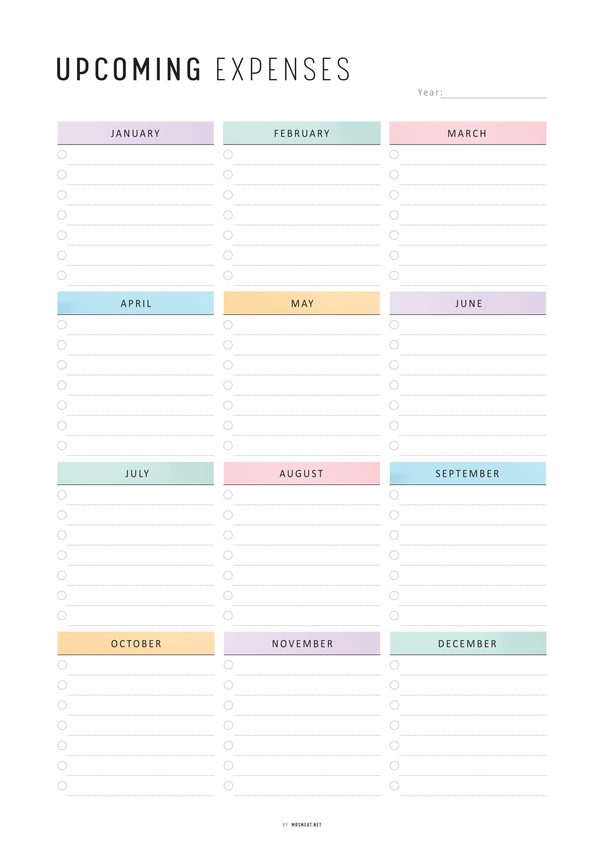 Upcoming expenses calendar with pastel-colored months on a white background