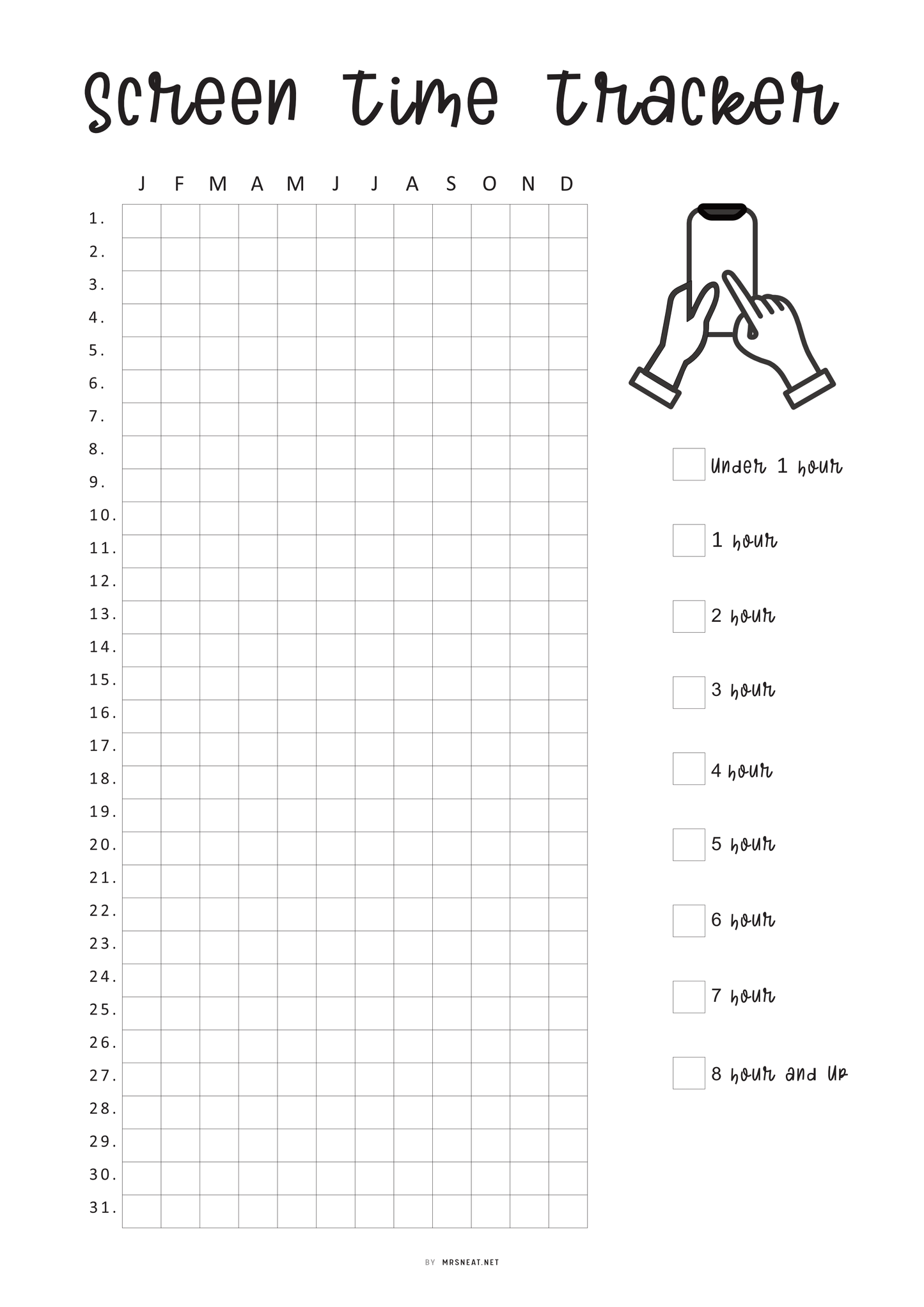 Yearly Screen Time Tracker Template PDF, Yearly Tracker, Habit Tracker, Phone Tracker, Screen Time Log, A4, A5, Letter, Half Letter, PDF, 2 Versions