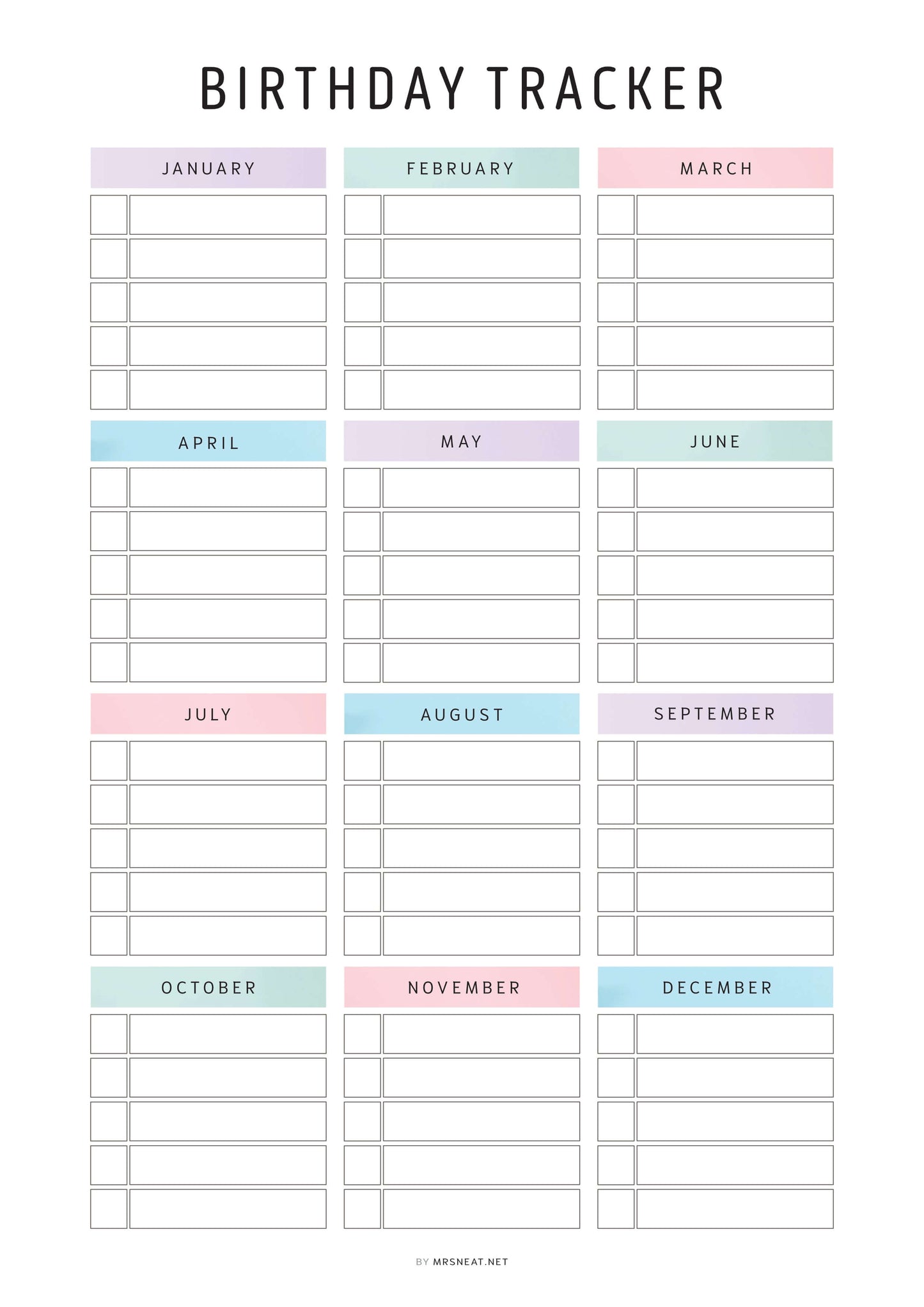 Colorful Birthday Tracker Printable, Editable PDF, 2 color options, A4 size