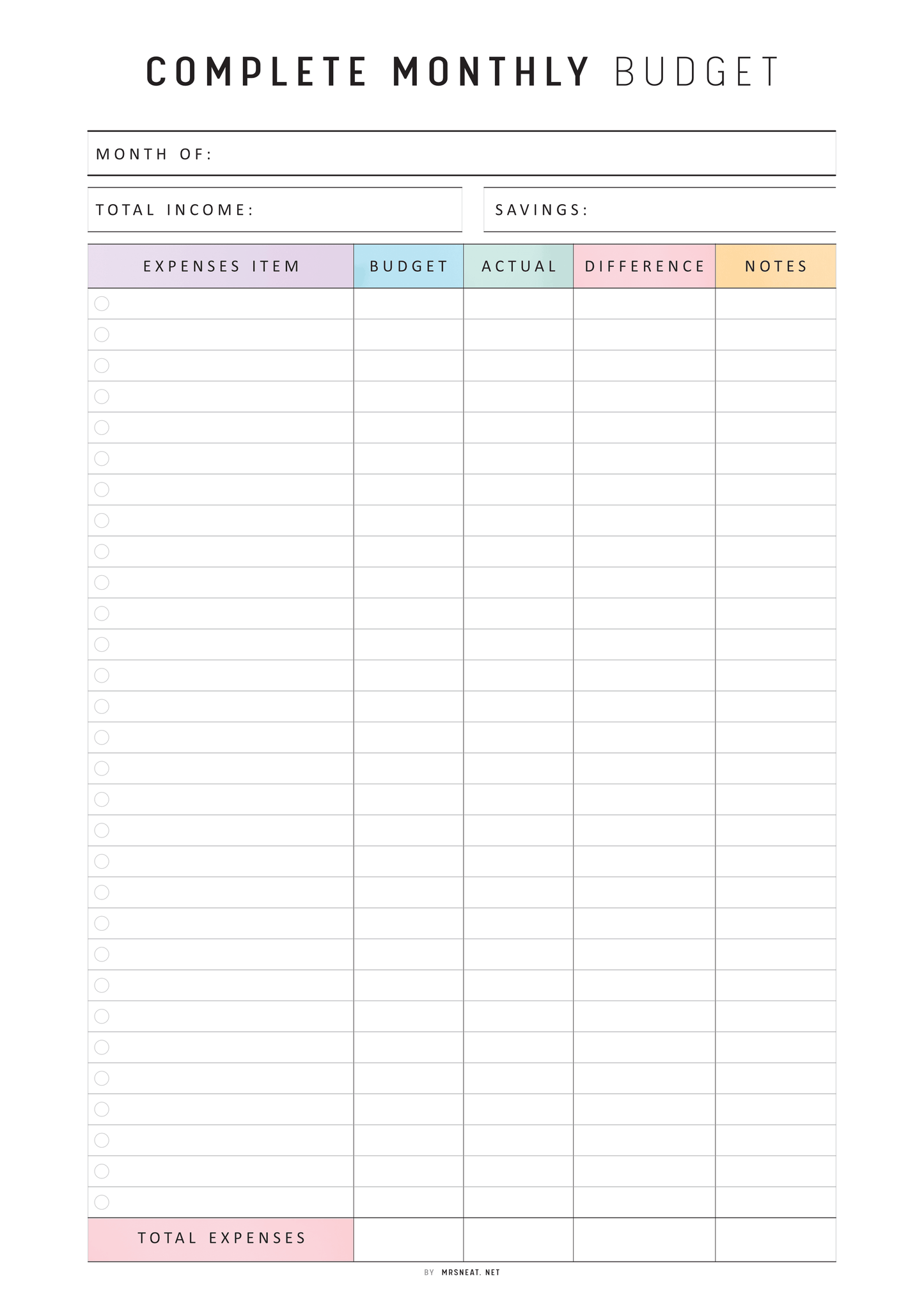 Monthly budget sheet with columns for income, savings, expenses, budget, actual, difference, and notes.