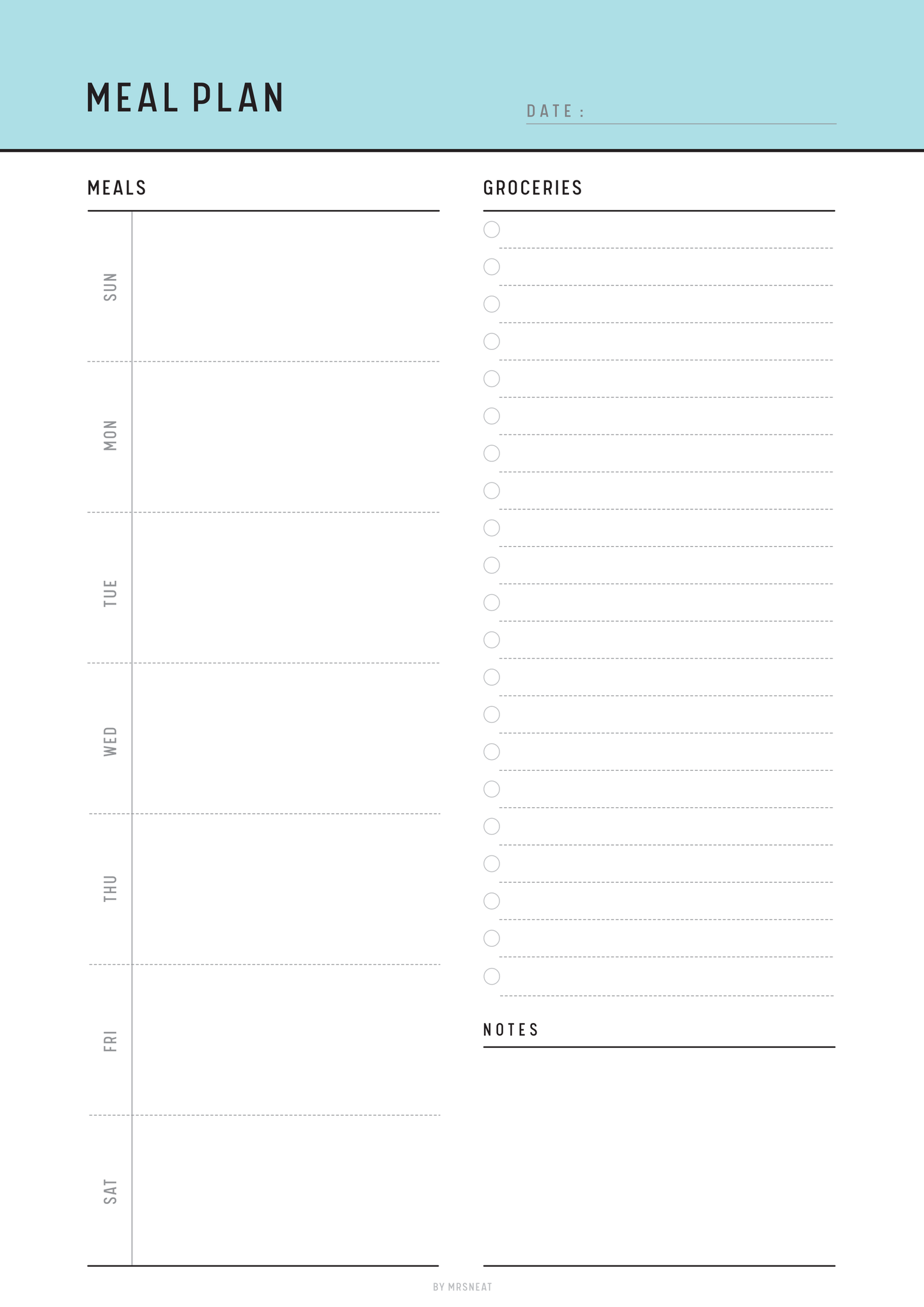 Meal plan template with columns for meals, groceries, and notes on a light blue background.