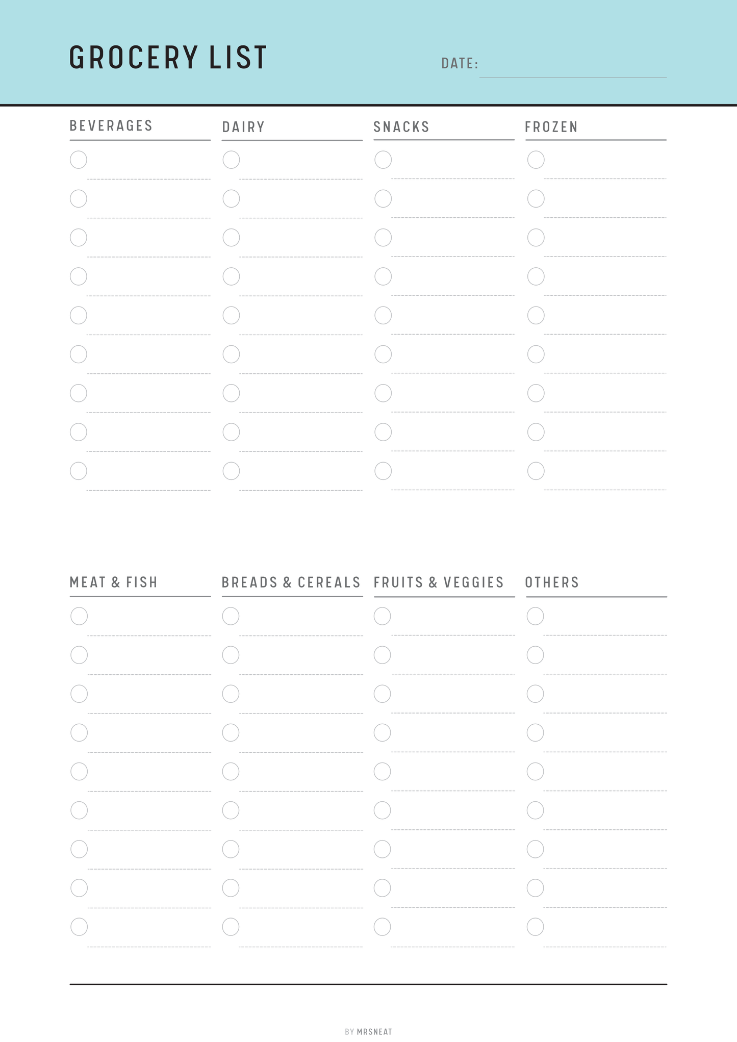 Blank grocery list template with categories at the top