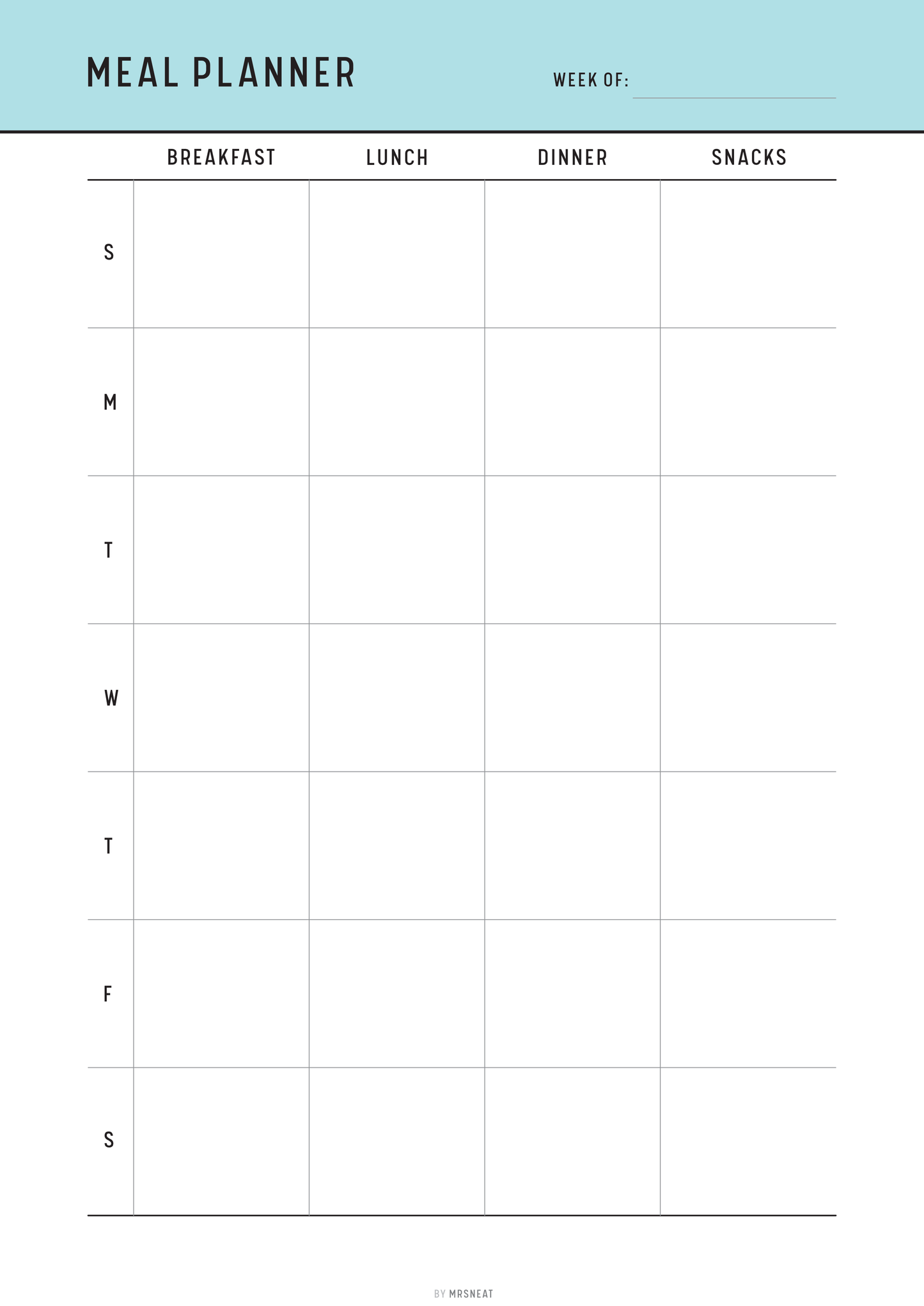 Meal planner template with days of the week and meal categories on a white background and blue top.