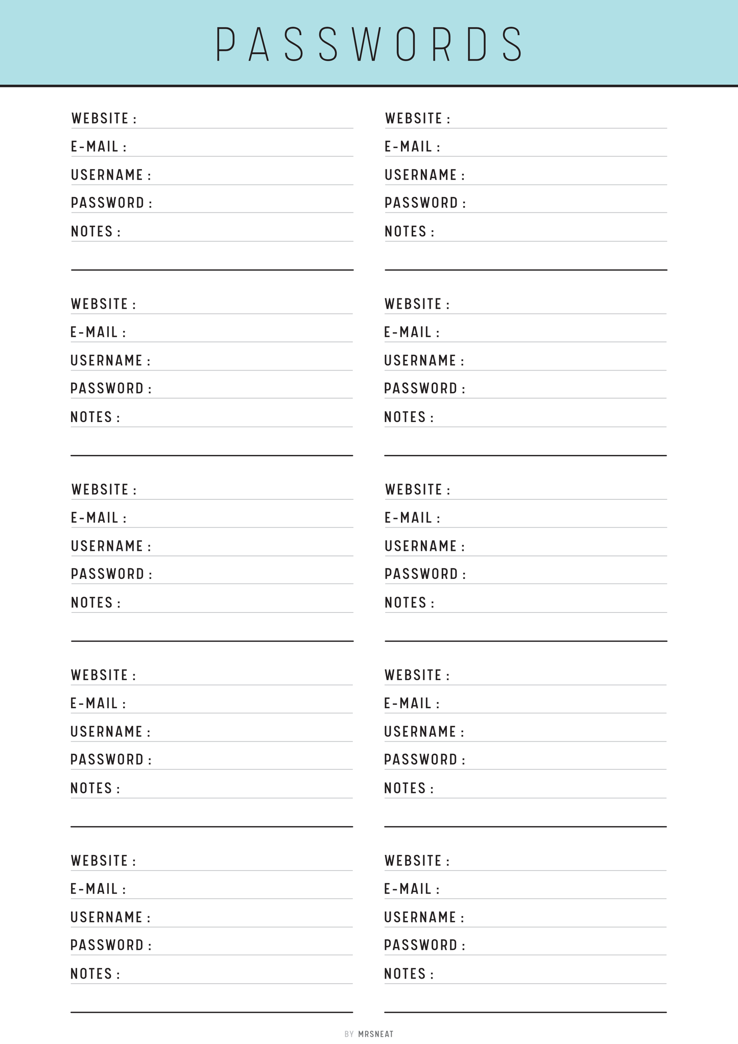 Password management sheet with columns for website, email, username, password, and notes.