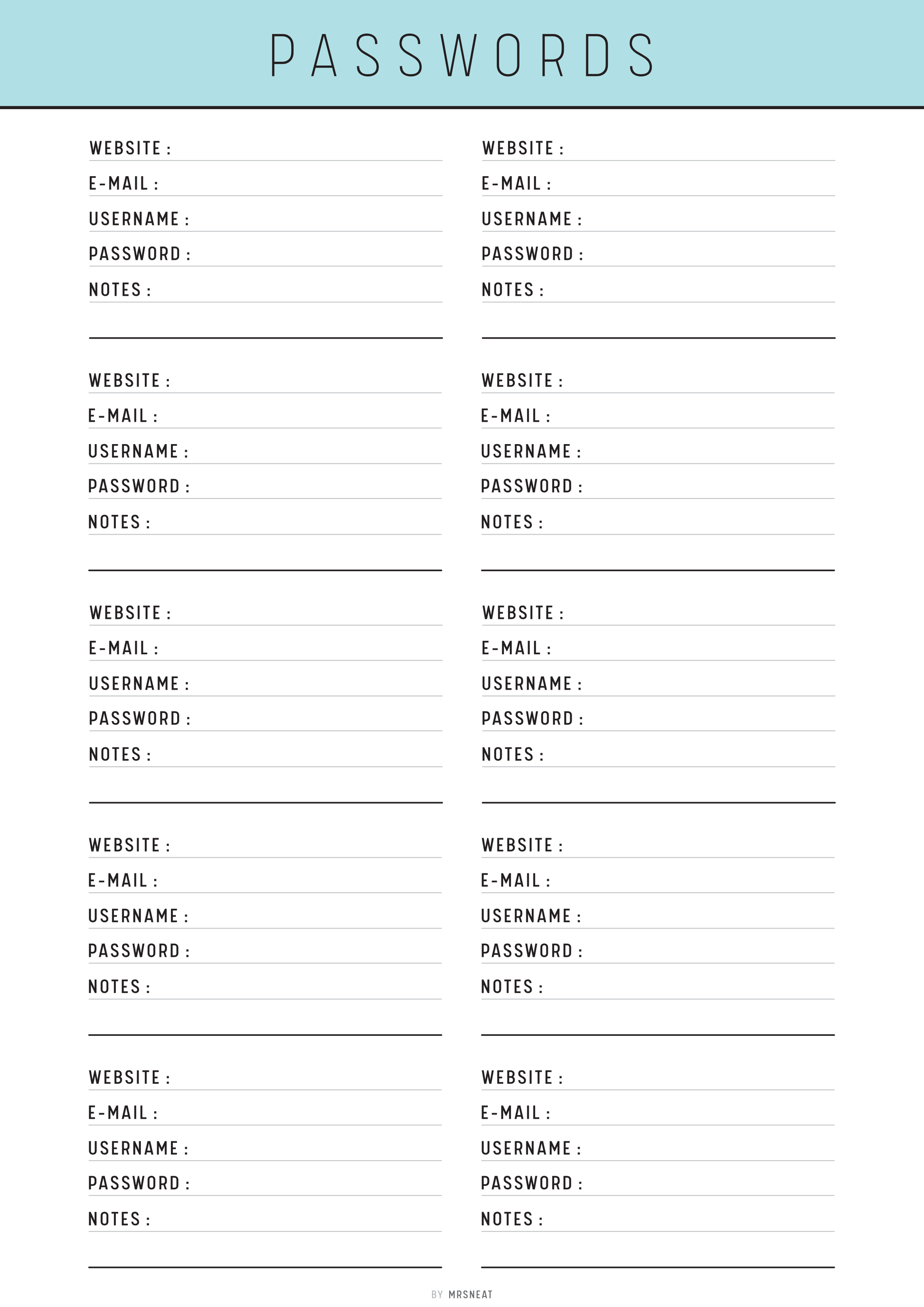 Password management sheet with columns for website, email, username, password, and notes.