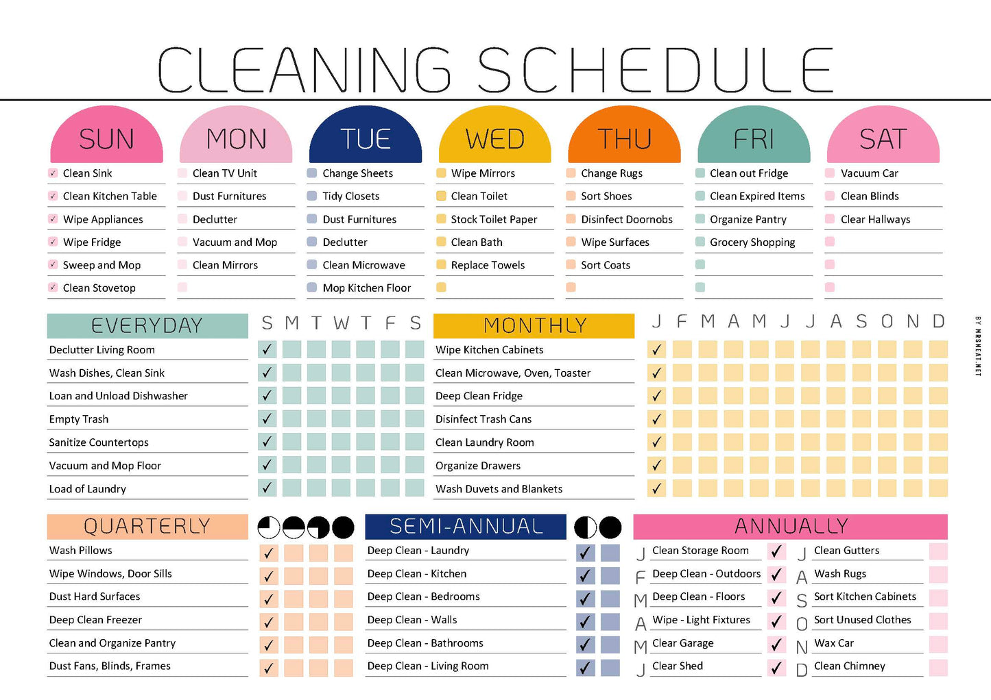Cleaning schedule chart with daily, weekly, monthly, quarterly, semi-annual, and annual tasks.