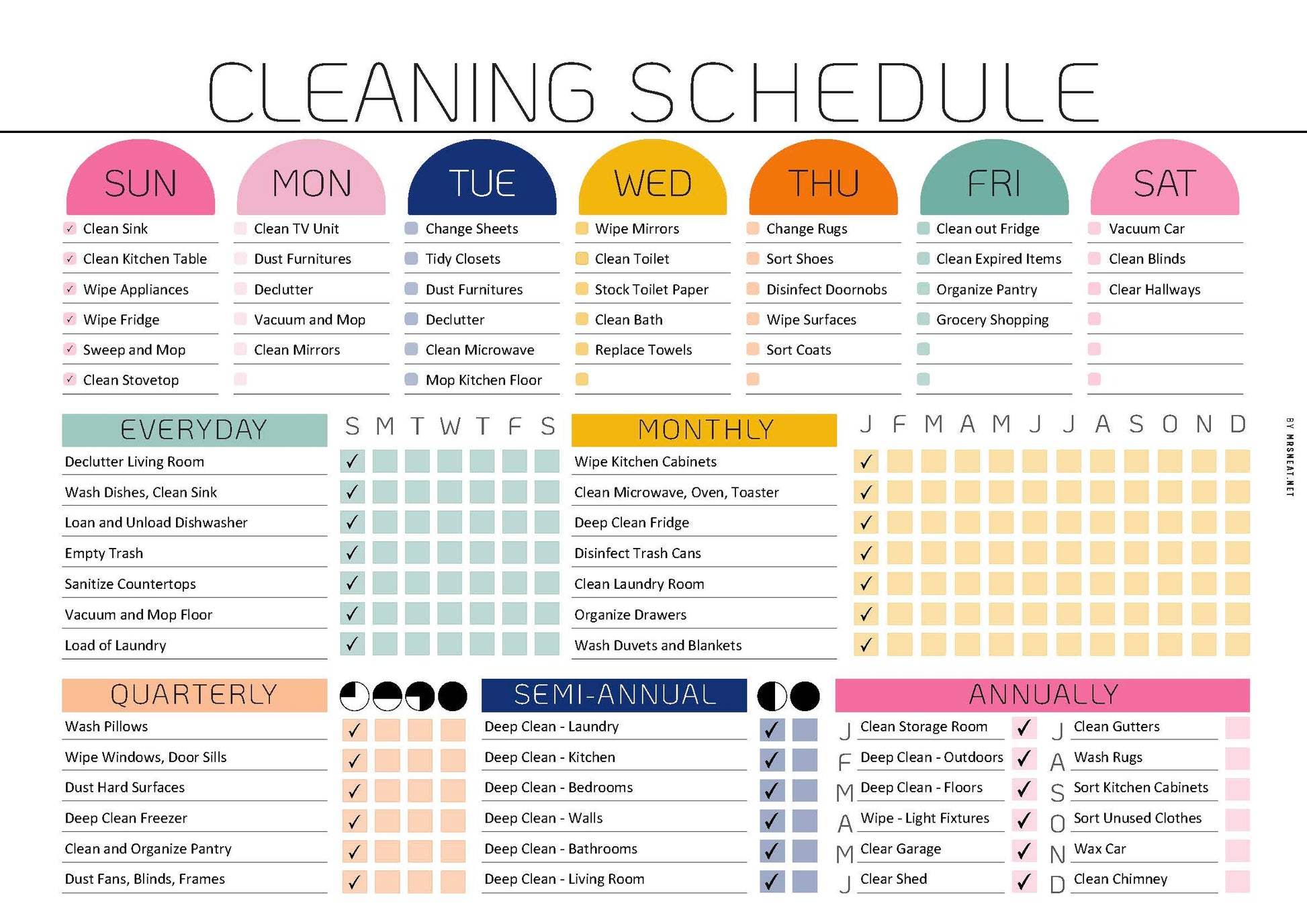 Cleaning schedule chart with daily, weekly, monthly, quarterly, semi-annual, and annual tasks.