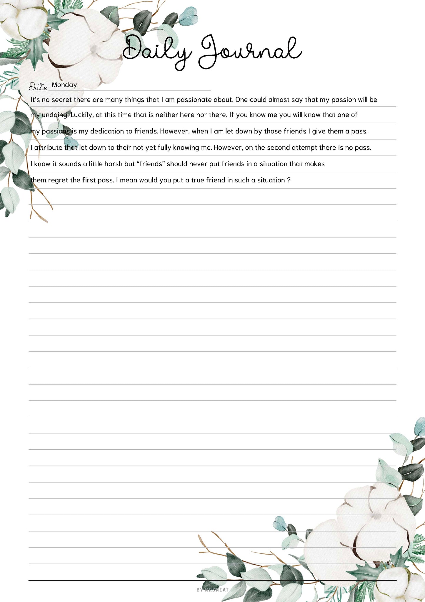 Fillable Daily Journal, PRINTABLE Journal Page, Printable Planner Page, Daily Diary Page, Diary Journal, Printable Diary, Daily Reflection Note, 2 Versions (Lined and Unlined), 5 Colors, Floral Theme, A4, A5, Letter, Half Letter, PDF Fillable, Digital Planner