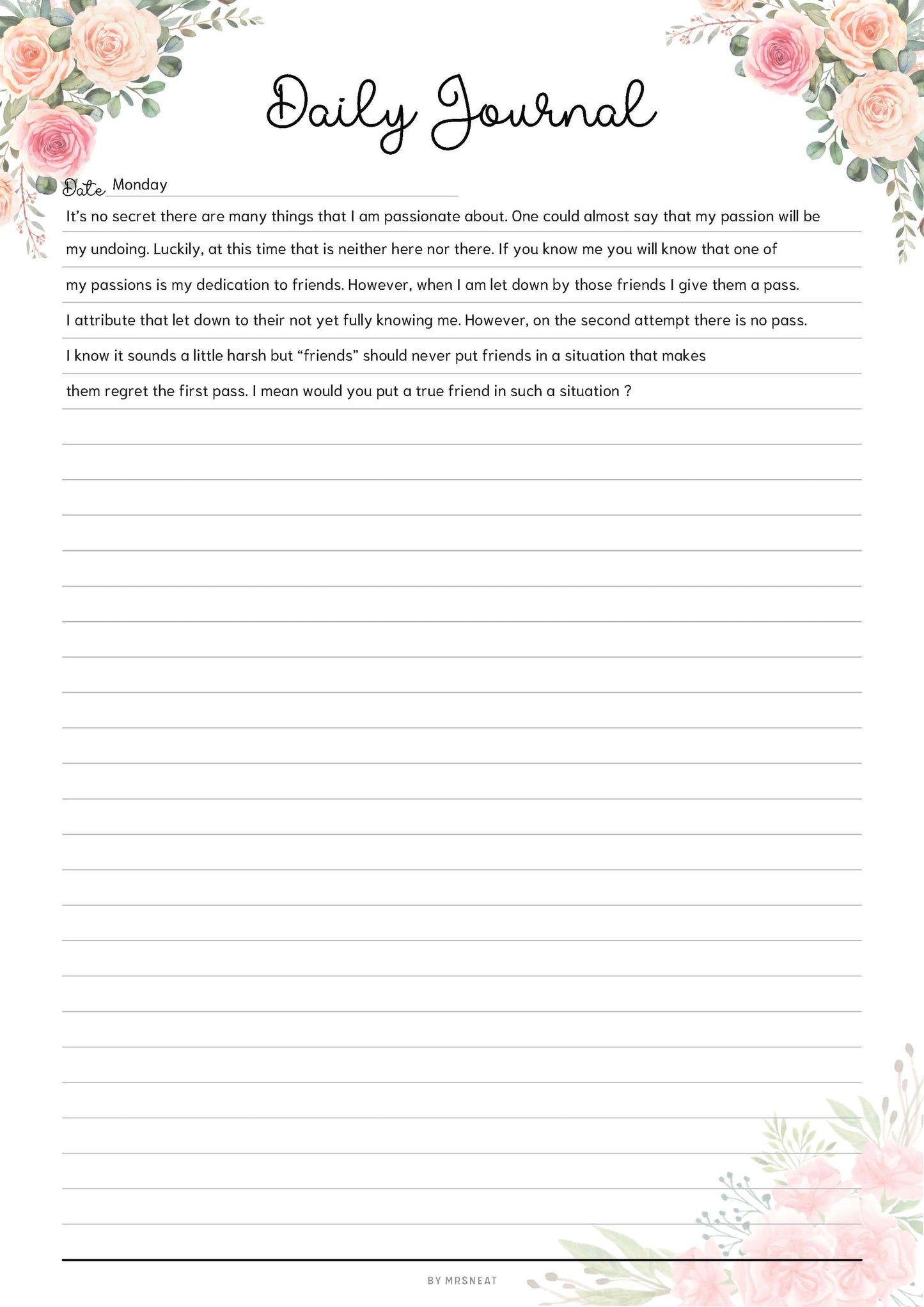 Fillable Daily Journal, PRINTABLE Journal Page, Printable Planner Page, Daily Diary Page, Diary Journal, Printable Diary, Daily Reflection Note, 2 Versions (Lined and Unlined), 5 Colors, Floral Theme, A4, A5, Letter, Half Letter, PDF Fillable, Digital Planner