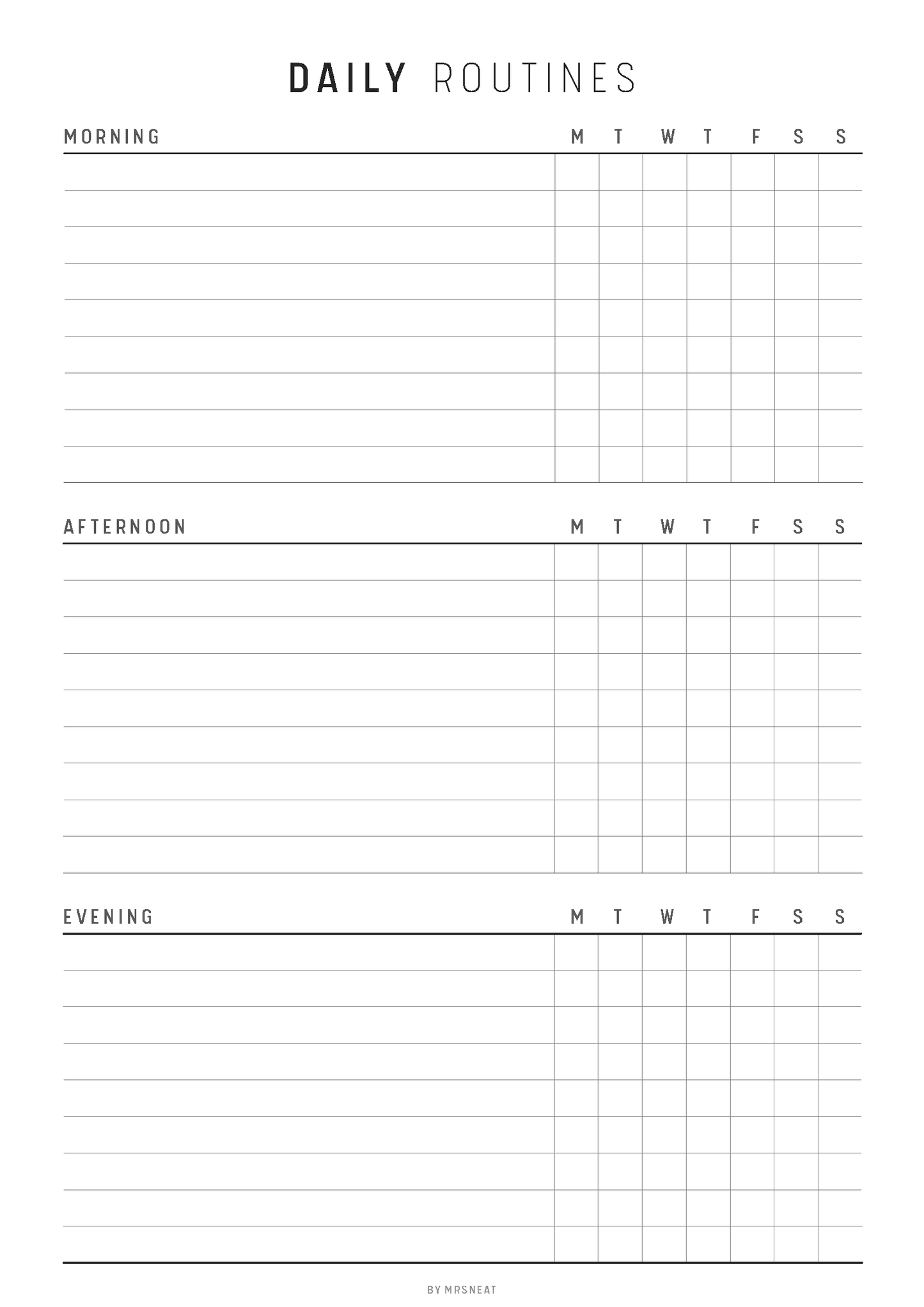 Daily routines planner with time slots for morning, afternoon, and evening.