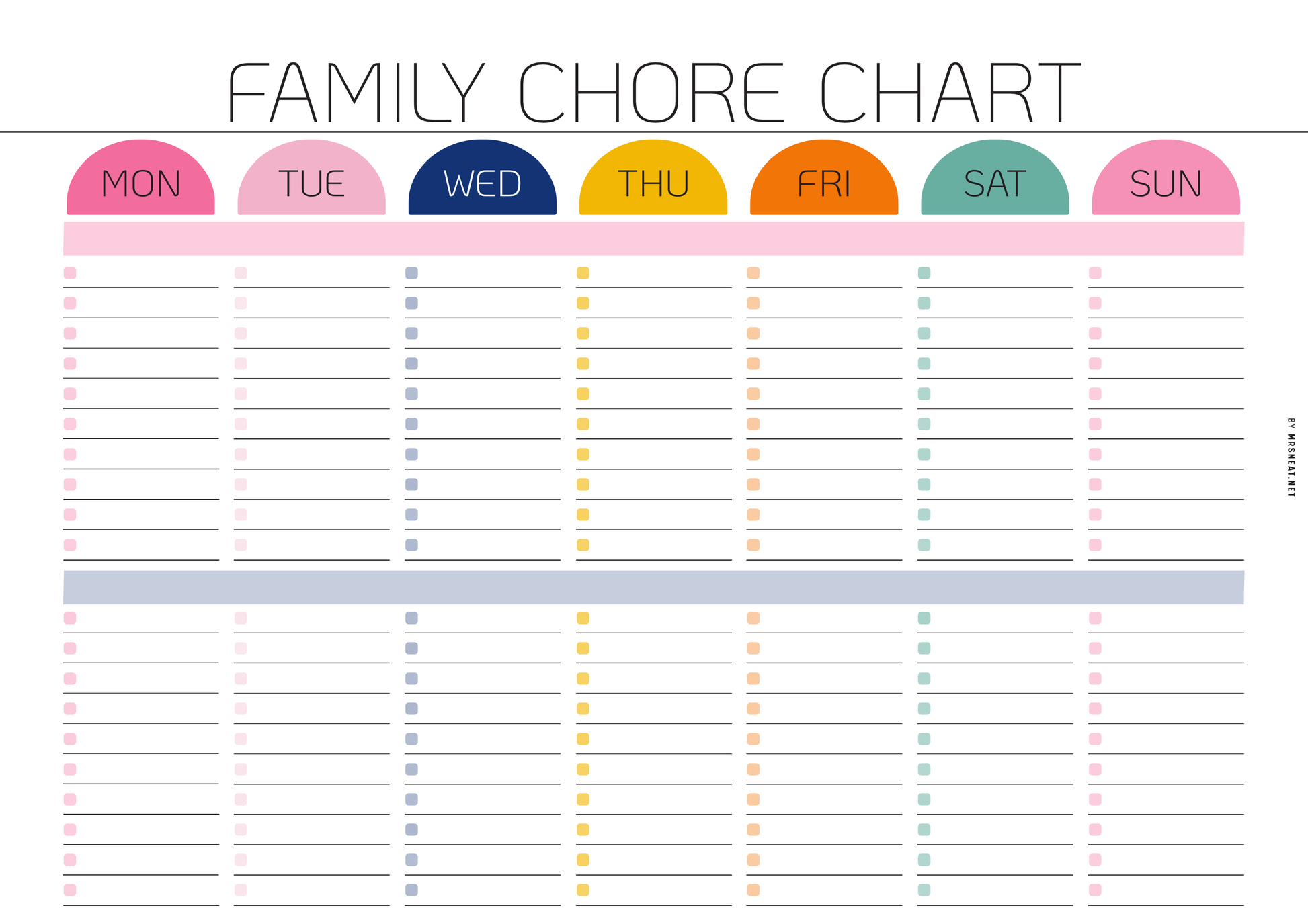 Family chore chart with colorful days of the week labels on a white background