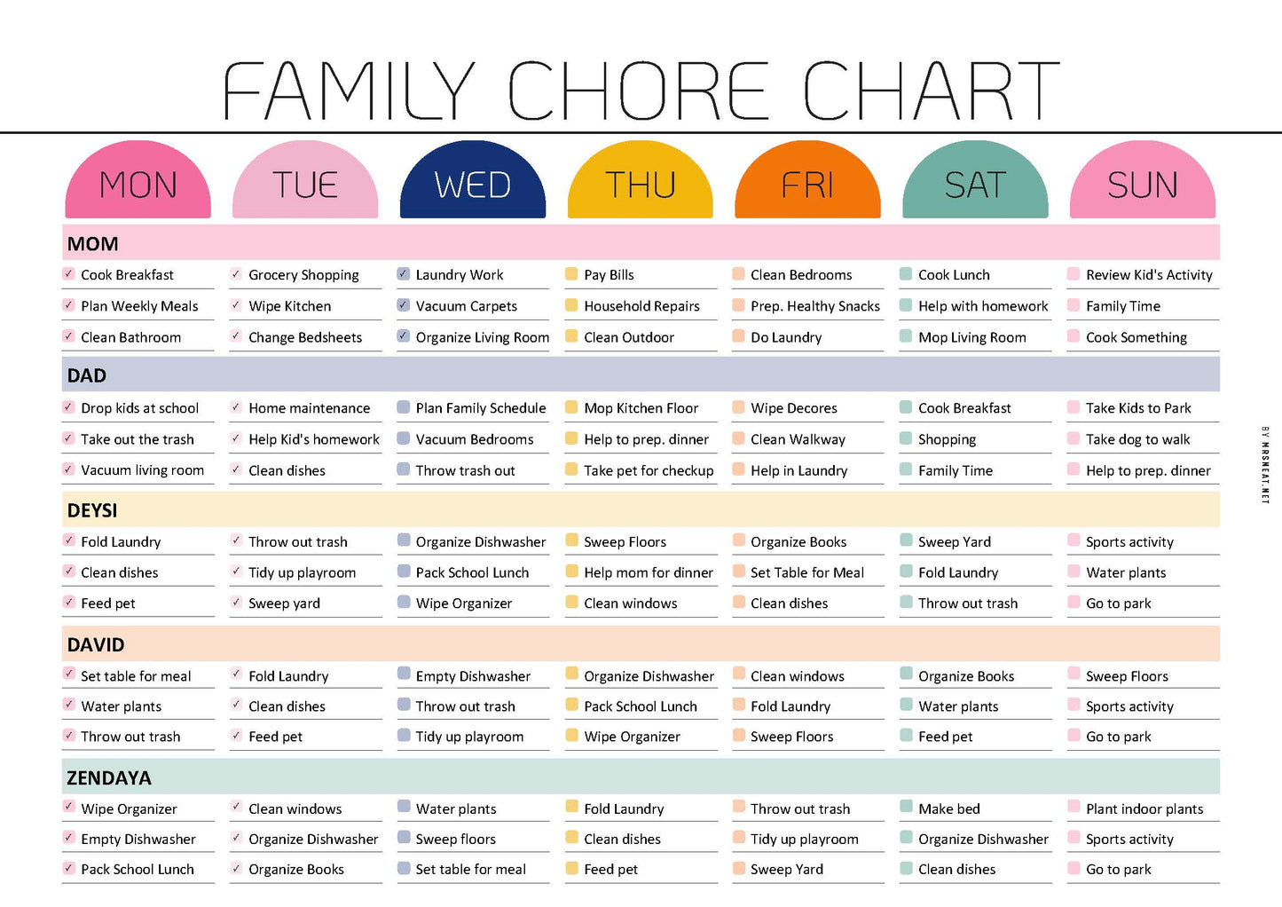 Family chore chart with colored days of the week and tasks assigned to family members.