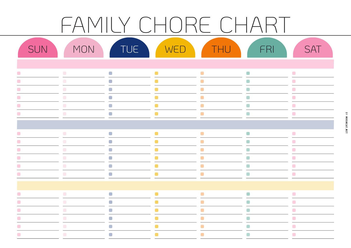 Family chore chart with colorful days of the week labels