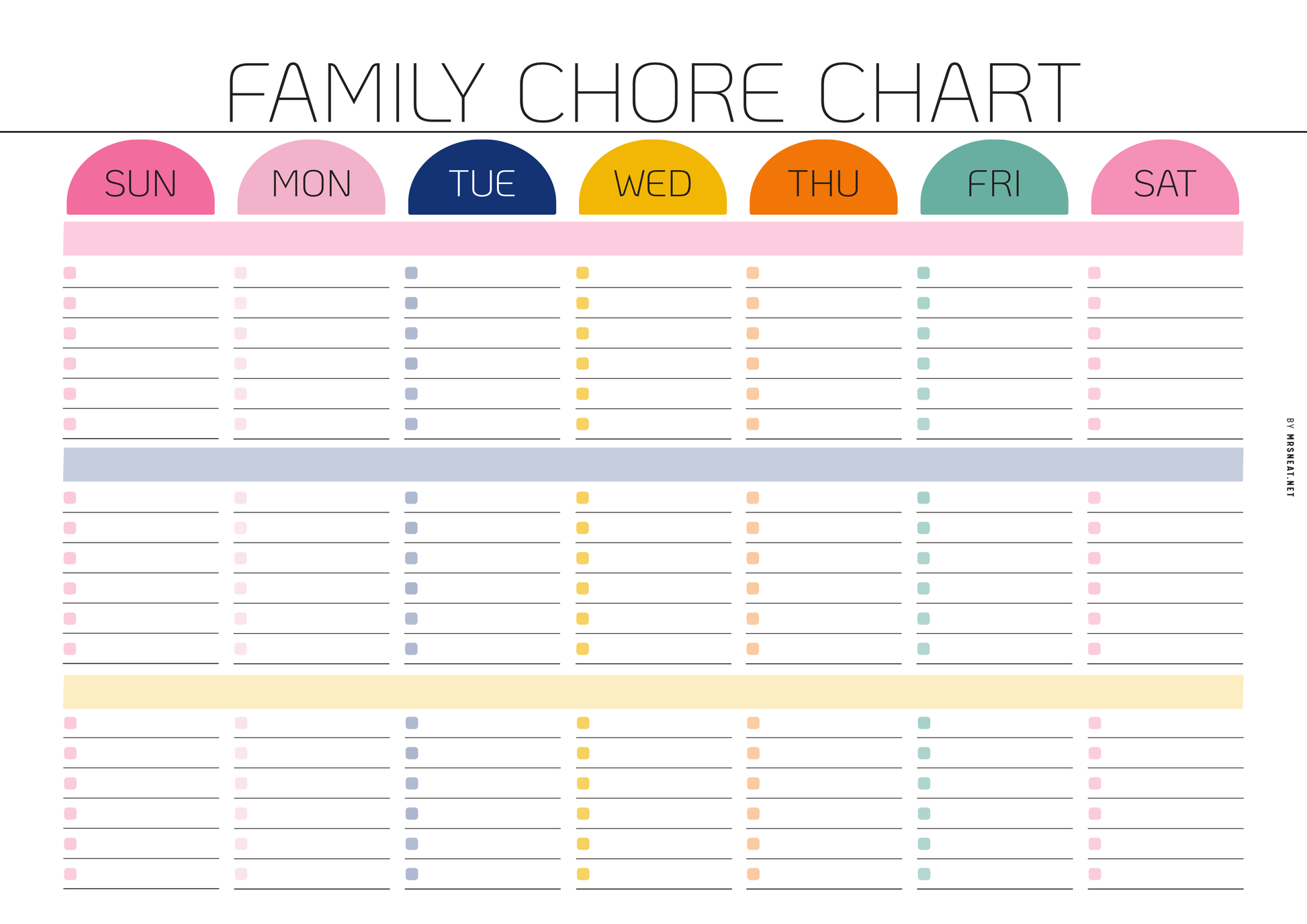 Family chore chart with colorful days of the week labels