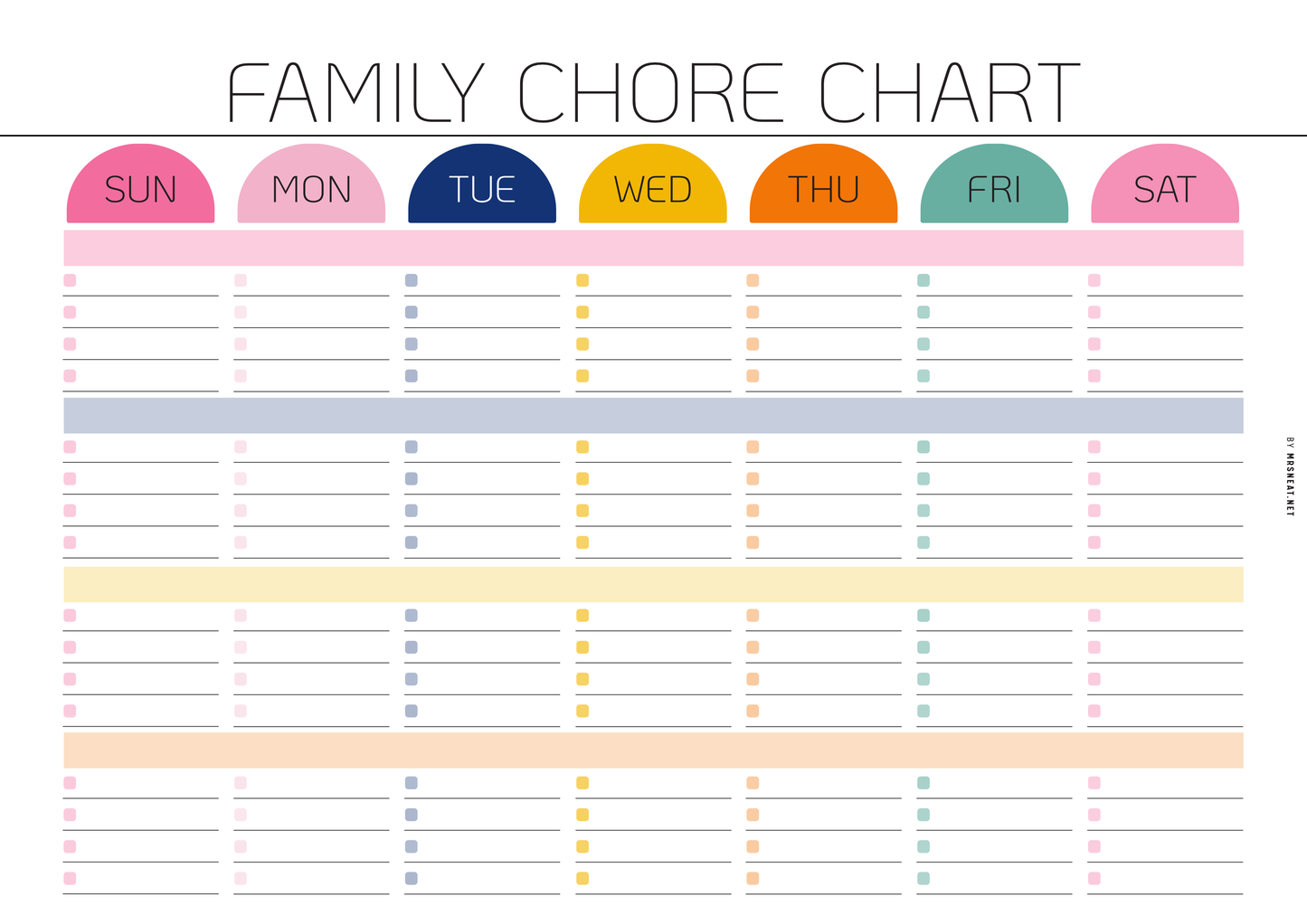 Family chore chart with colorful labels for each day of the week.