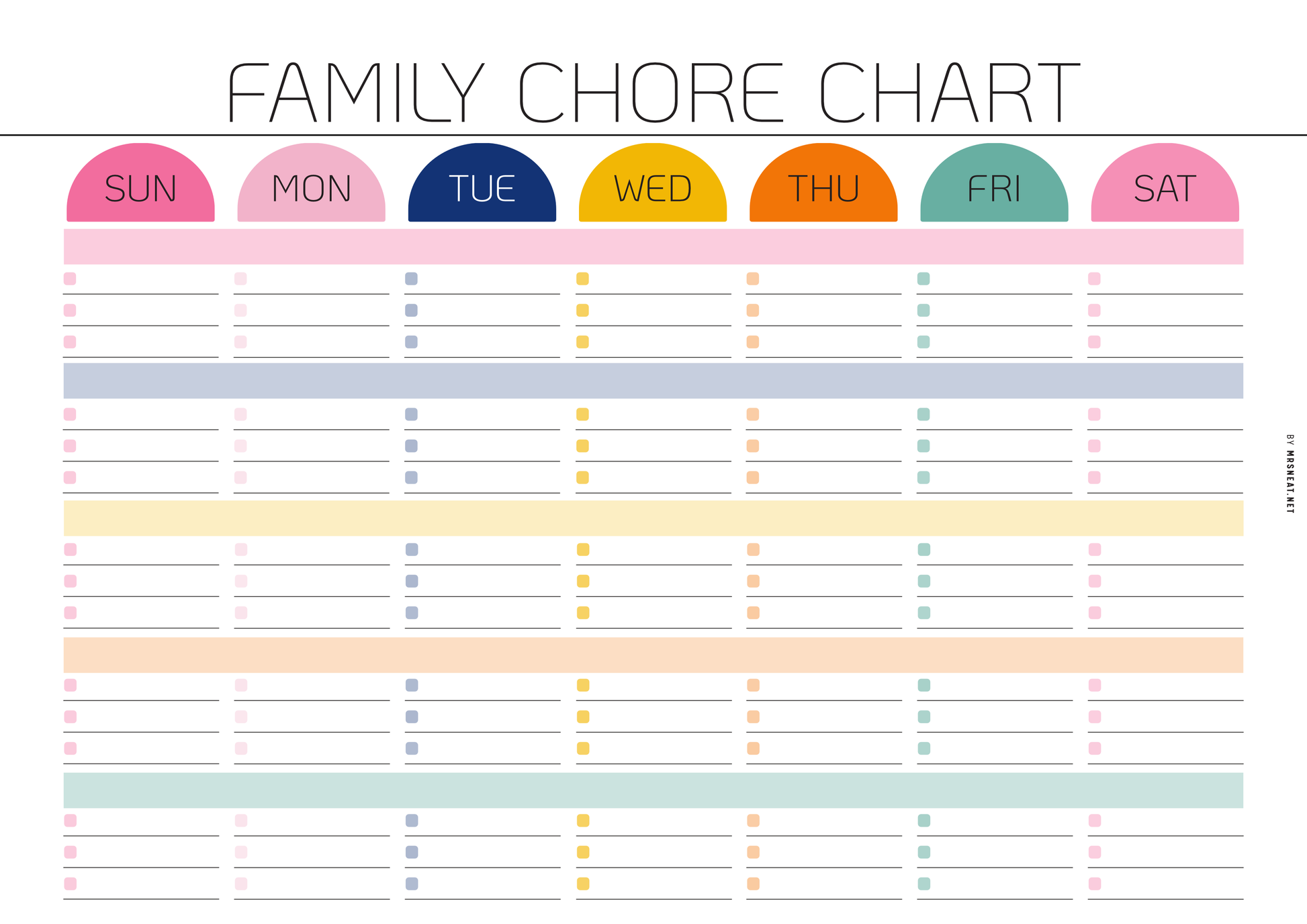 Family chore chart with colorful days of the week labels