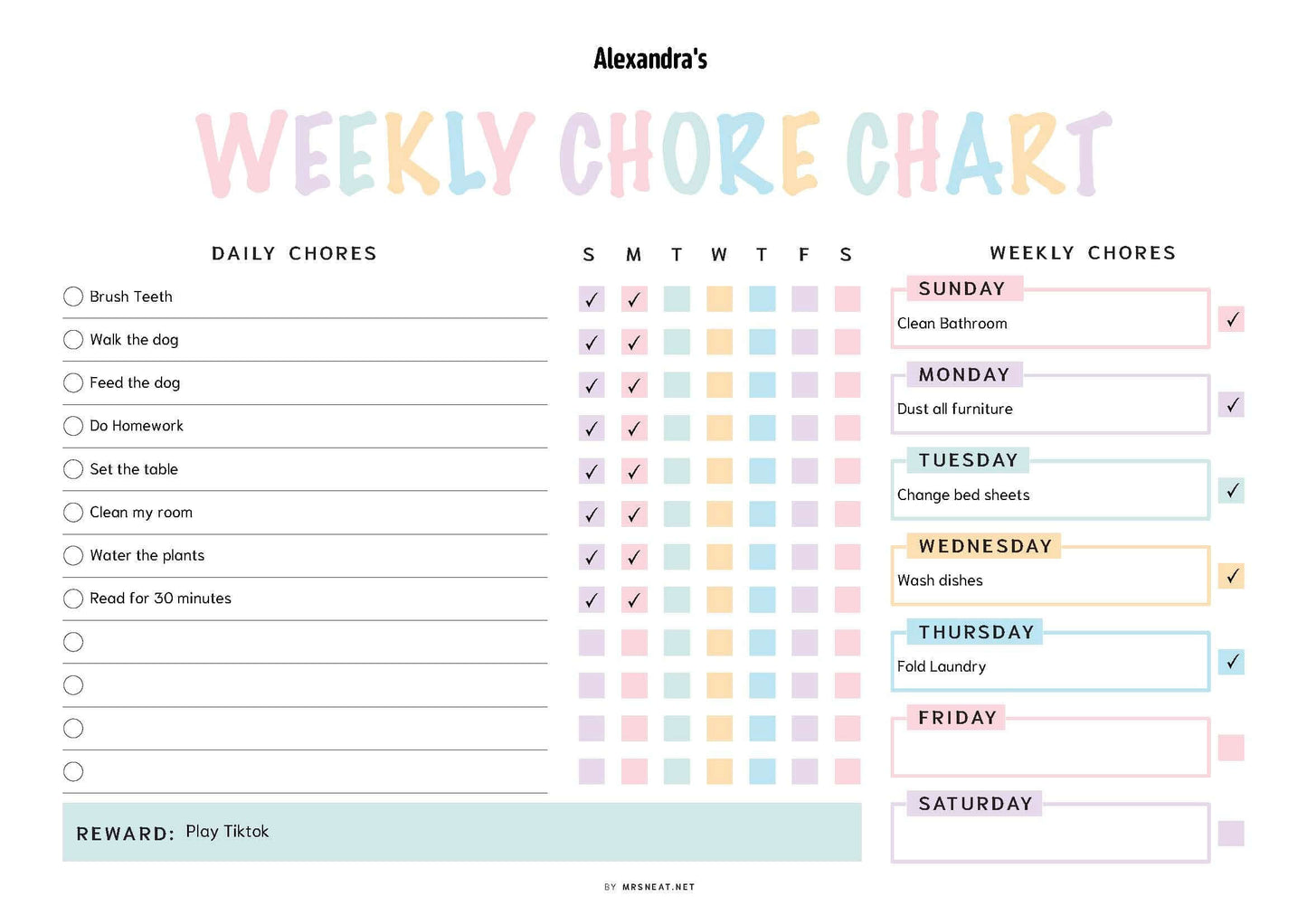 Cute Weekly Kids Chore Chart Printable PDF, Colorful Planner, Digital Planner, Sunday & Monday Start, Landscape