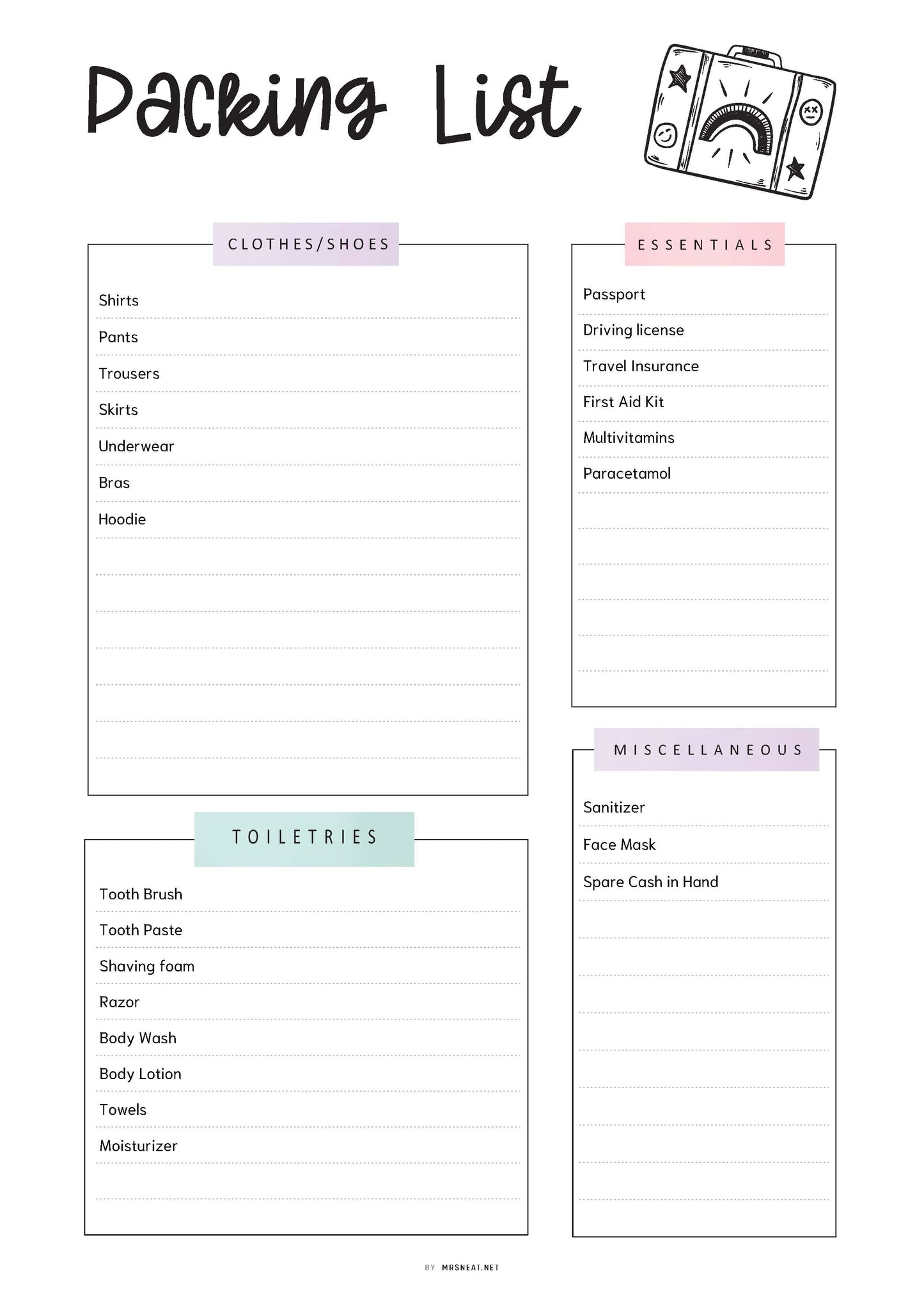 Fillable Travel Packing List, Packing List Template, Packing List Printable, Travel Planner Printable, 2 Versions, A4/A5/Letter/Half Letter