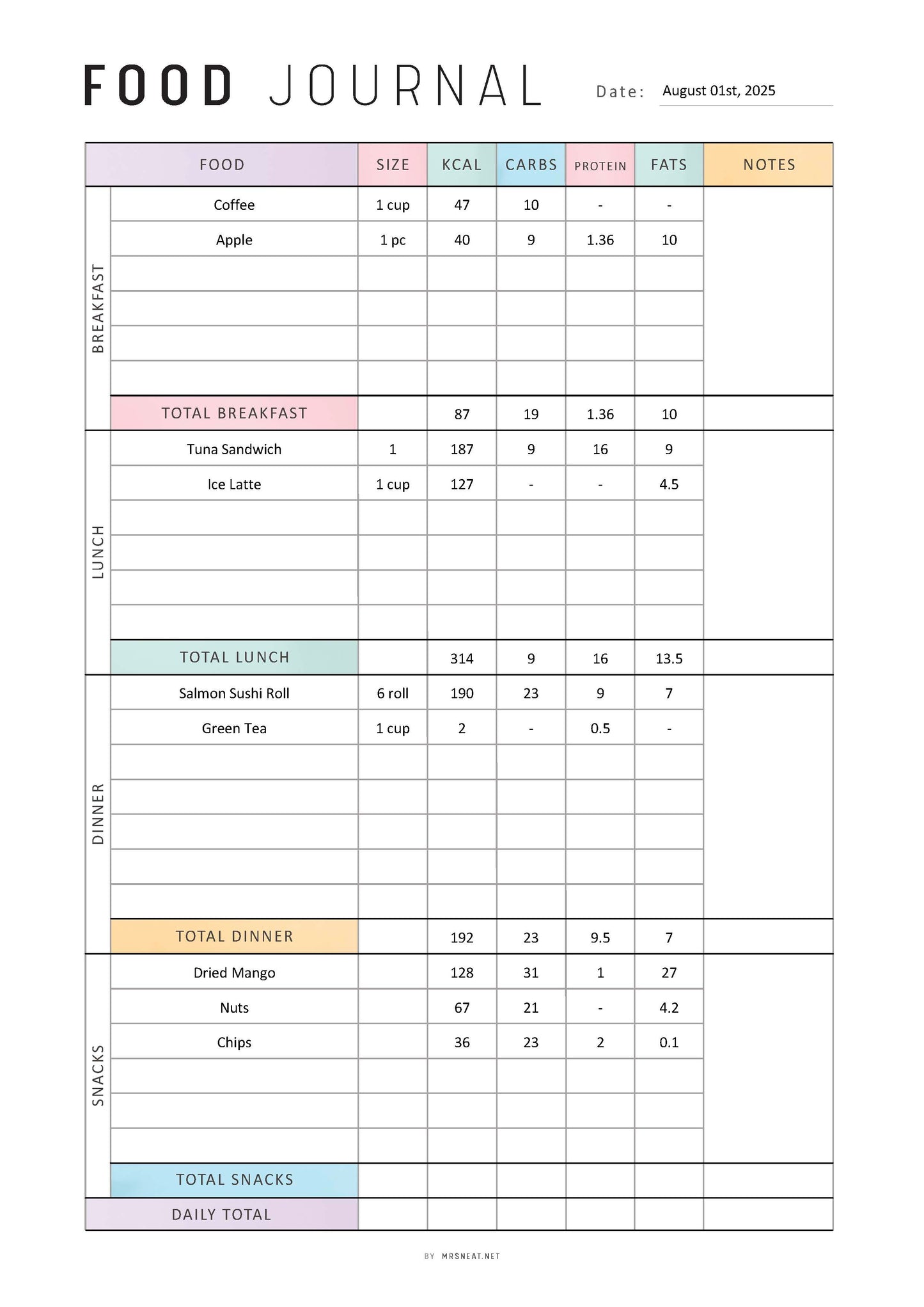Daily Food Diary Printable, Food Journal, Minimalist Daily Calorie Tracker, Daily Calorie Counting, Food Diary, A4, A5, Letter, Half Letter, Digital Planner, PDF Fillable, Printable Planner, 2 colors