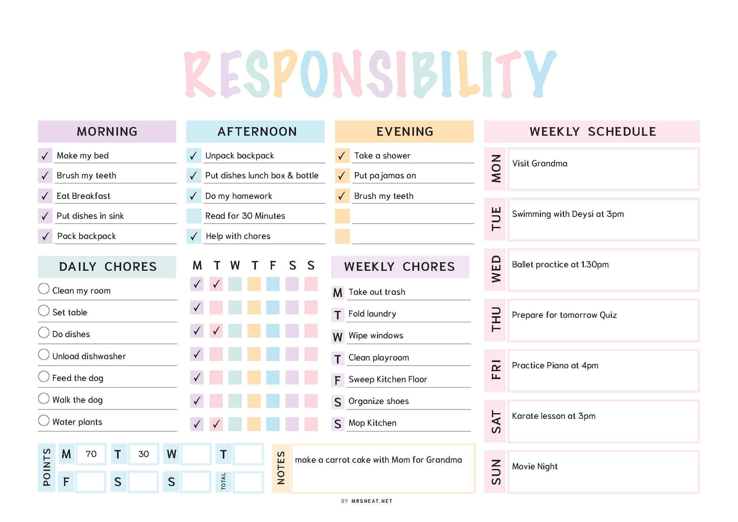 Colorful and cute Kids Responsibility Chore Chart Printable PDF, Landscape, A4, Letter, Colorful, Sunday & Monday start