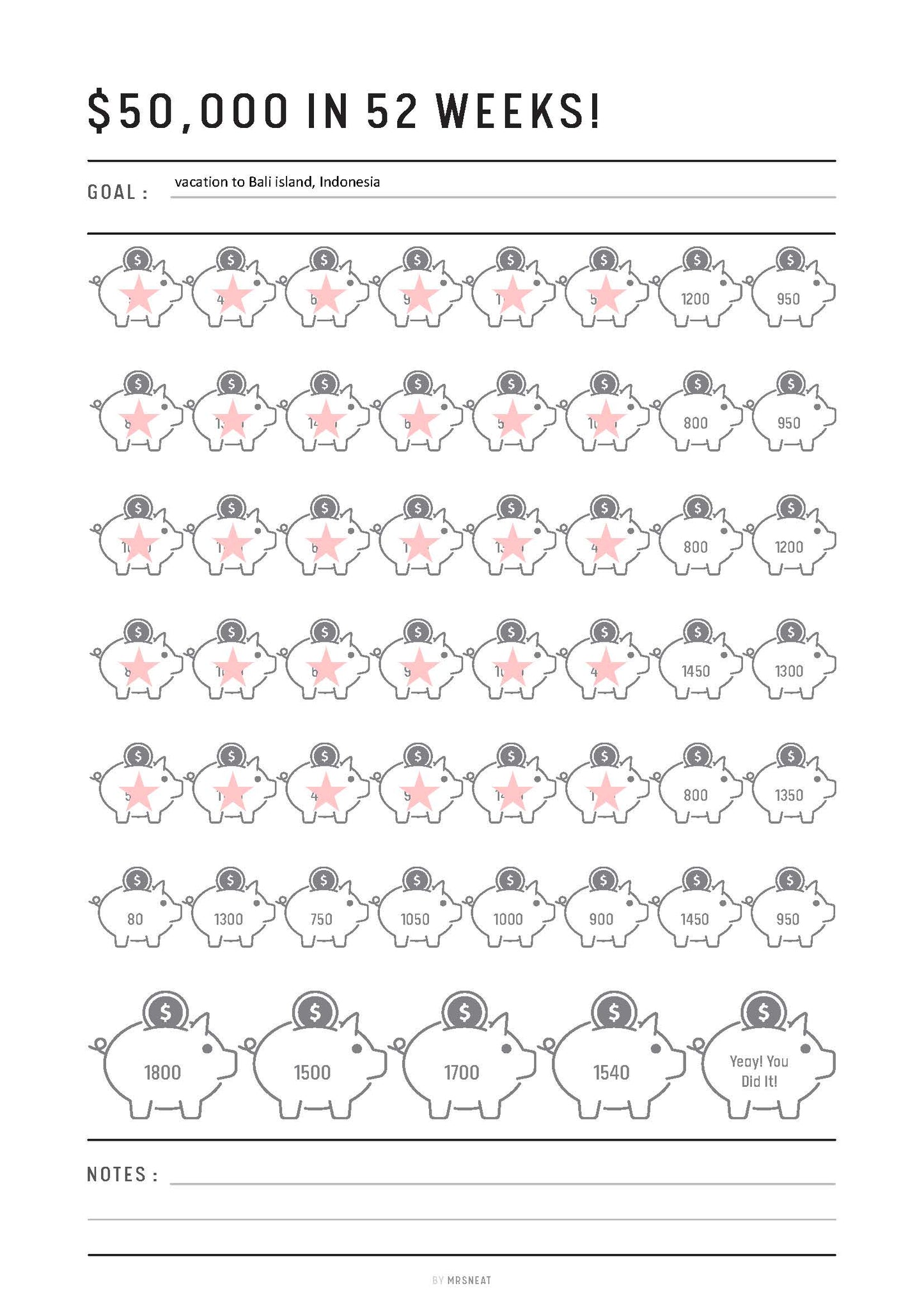 50000 money saving challenge, Save 50K in 52 weeks, Printable Saving Challenge, Pdf, A6 size, A4, A5, Letter, Half Letter