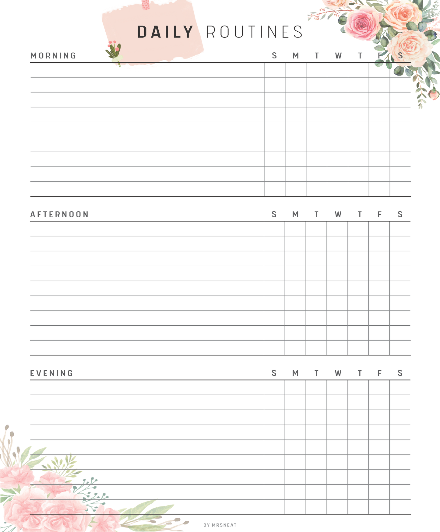 Daily routines planner with floral designs on a white background