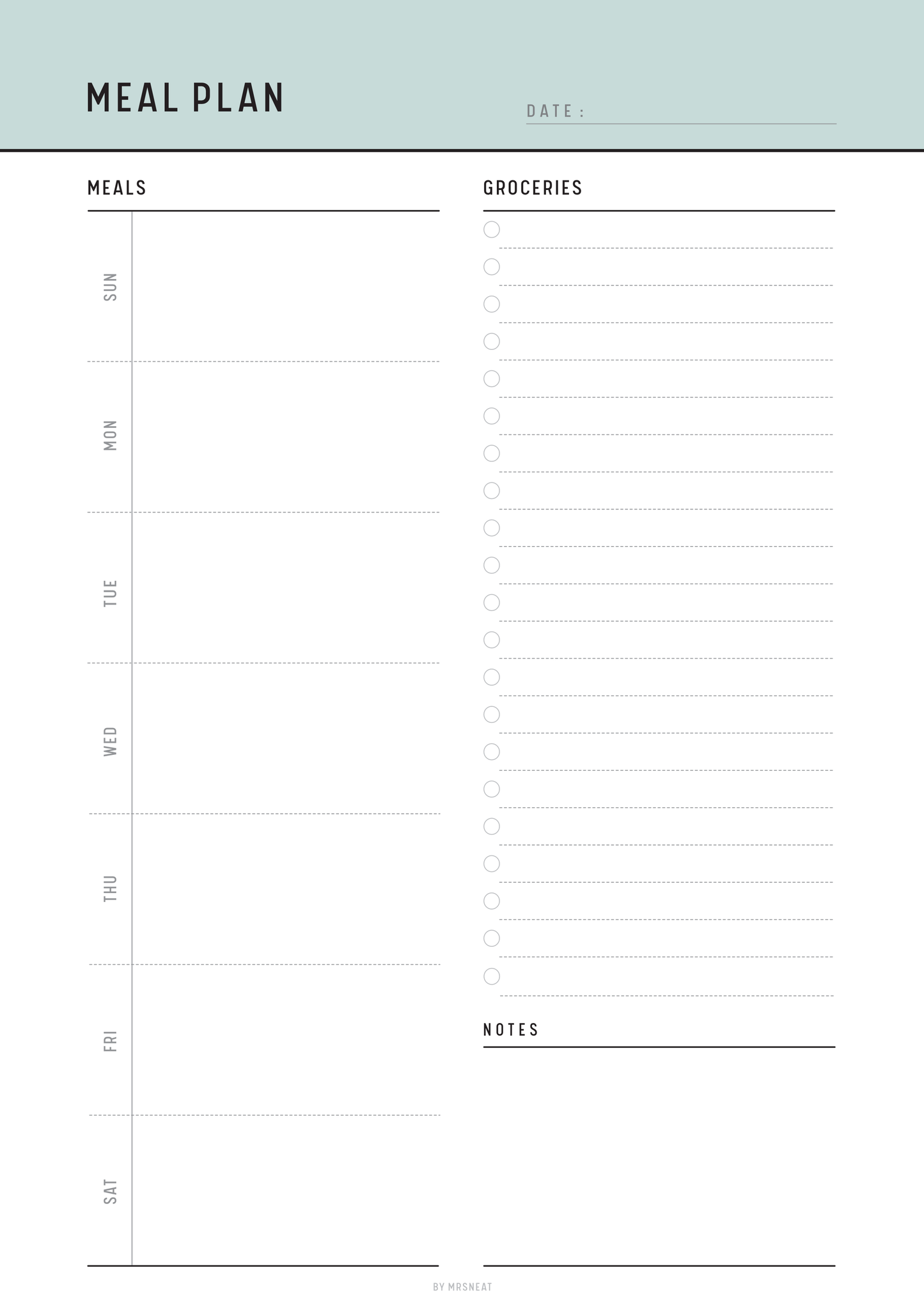 Meal plan Sunday start template with columns for meals, groceries, and notes on a green background.