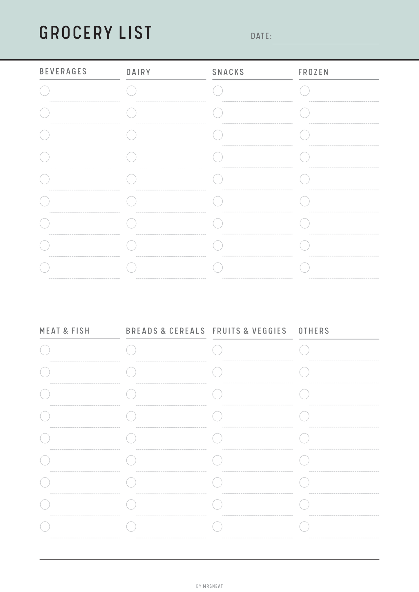 Blank grocery list template with categories at the top