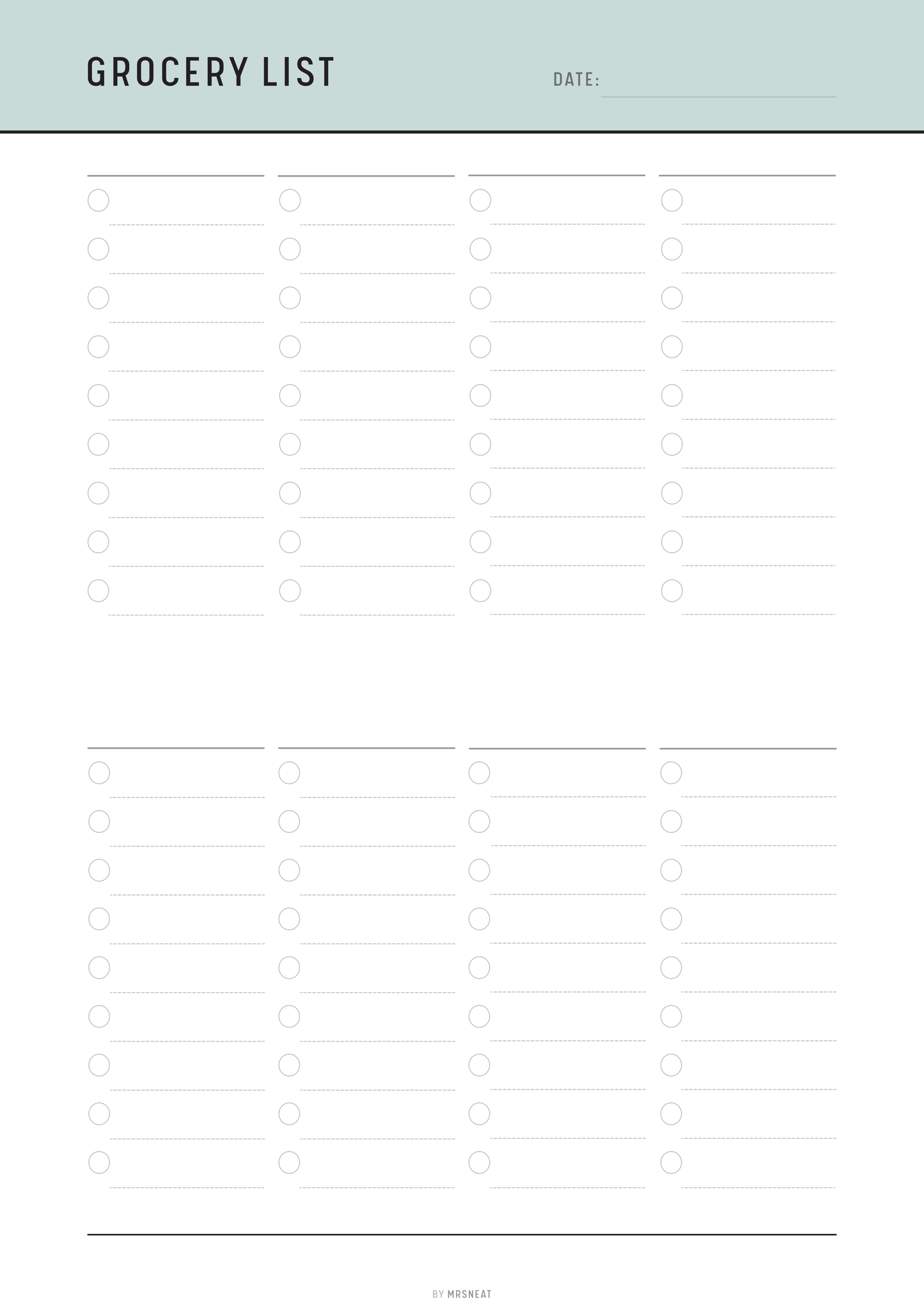 Blank grocery list template with a light green header