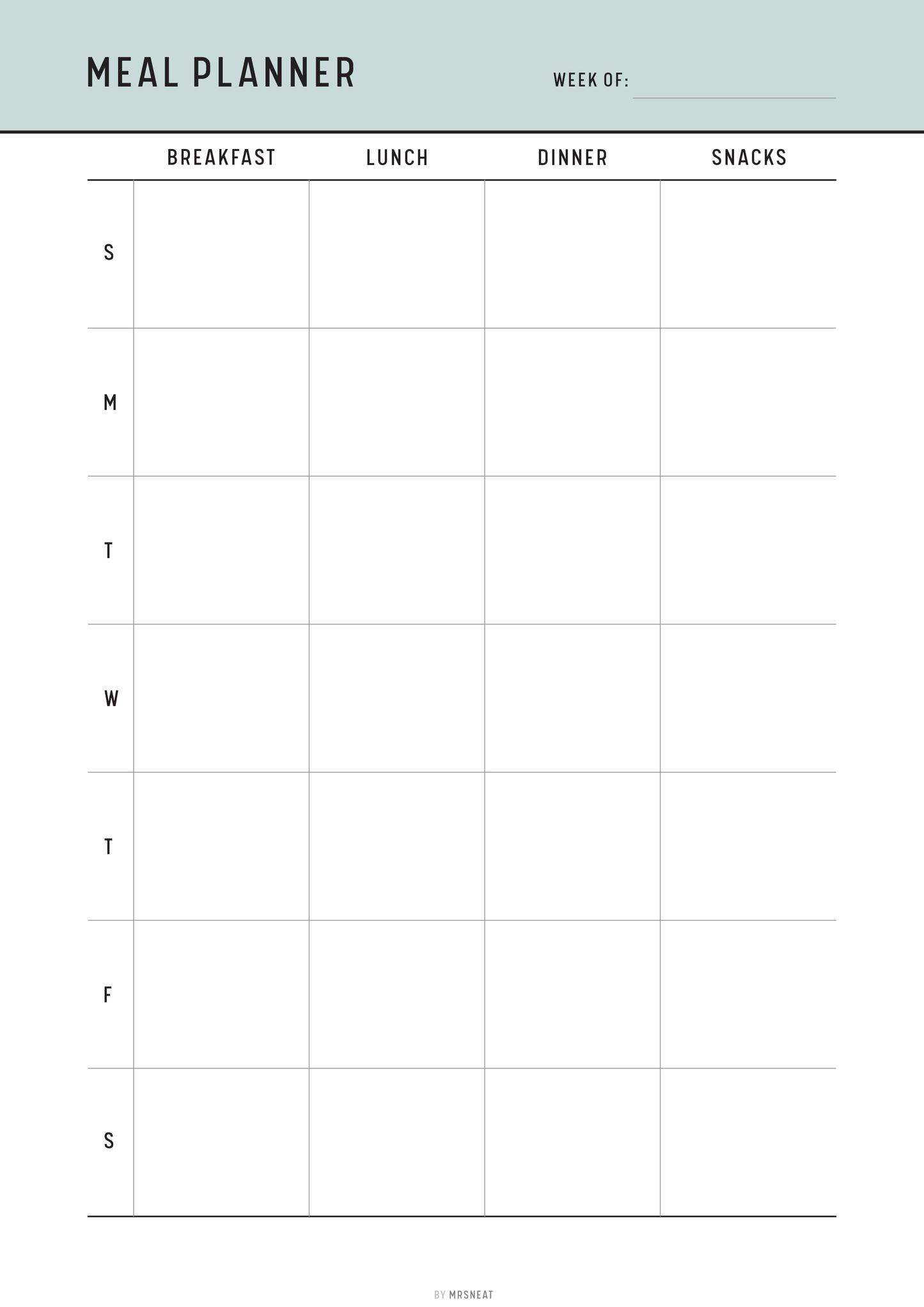Meal planner template with days of the week and meal categories.