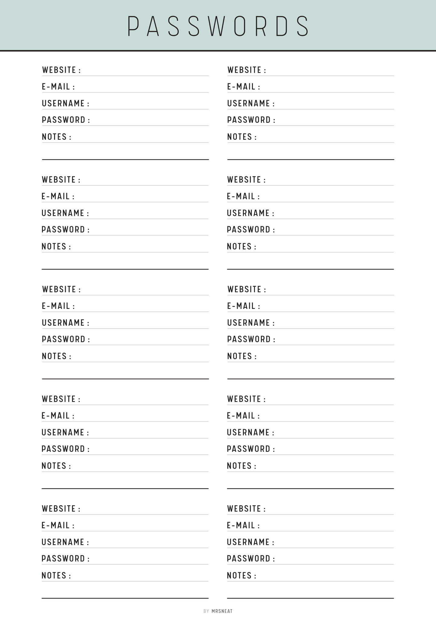 Blank password list template with columns for website, email, username, password, and notes.