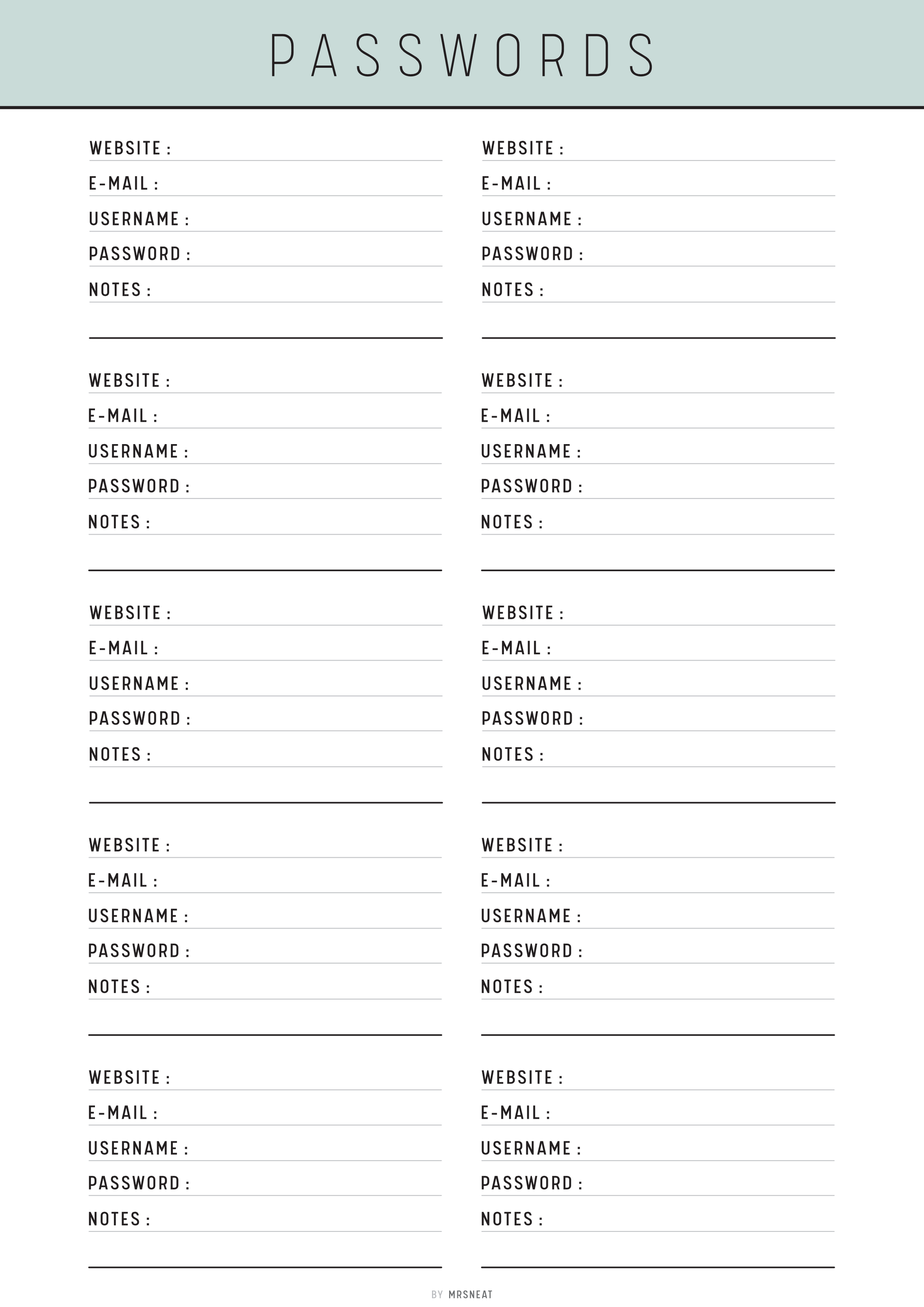 Blank password list template with columns for website, email, username, password, and notes.