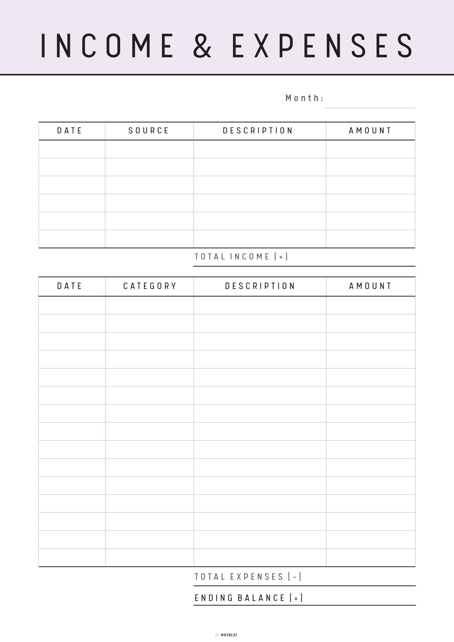 Income and expenses tracker form with columns for date, source, description, and amount.