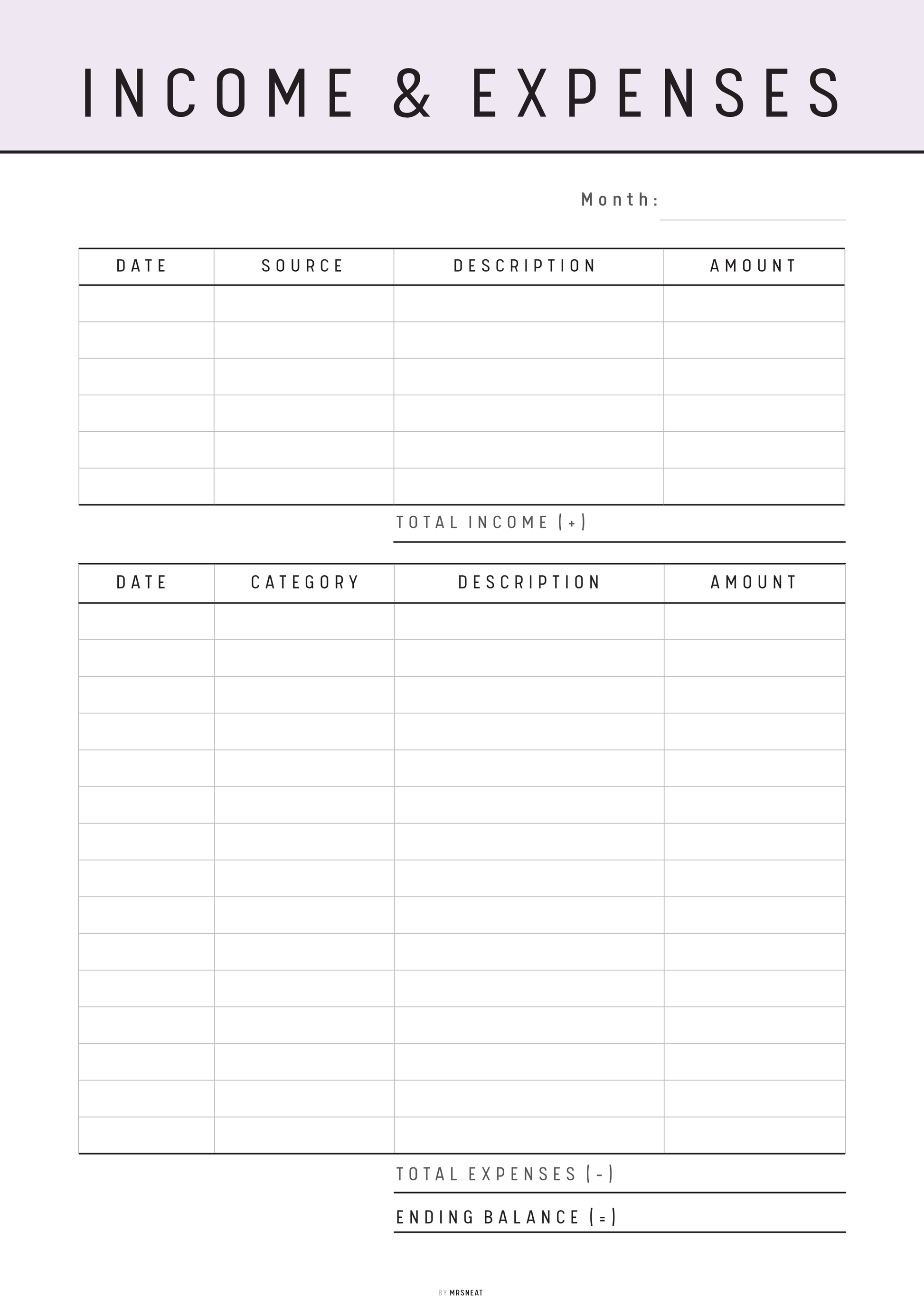 Income and expenses tracker form with columns for date, source, description, and amount.