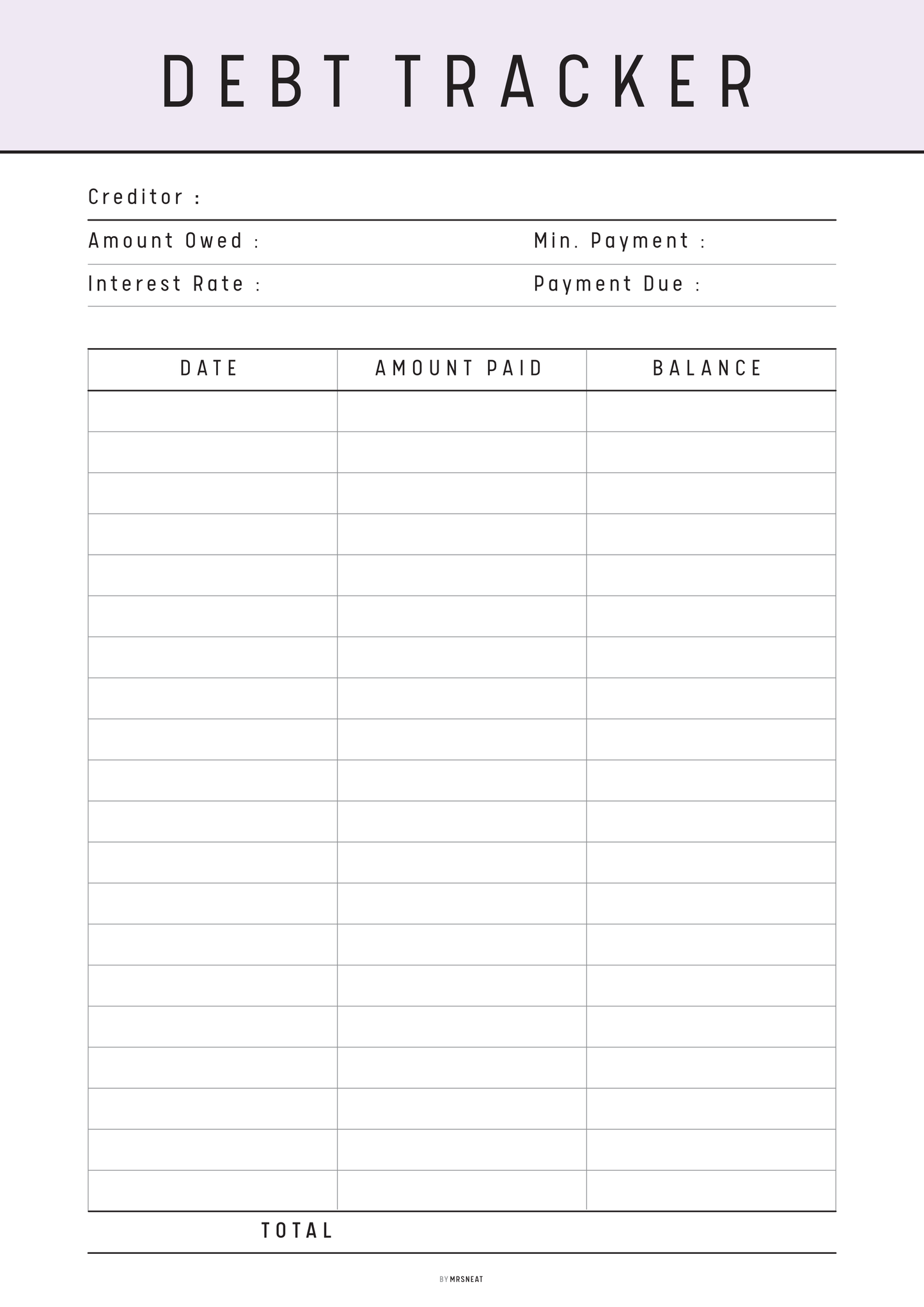 Debt tracker sheet with columns for creditor, amount owed, interest rate, min. payment, payment due, date, amount paid, and balance.