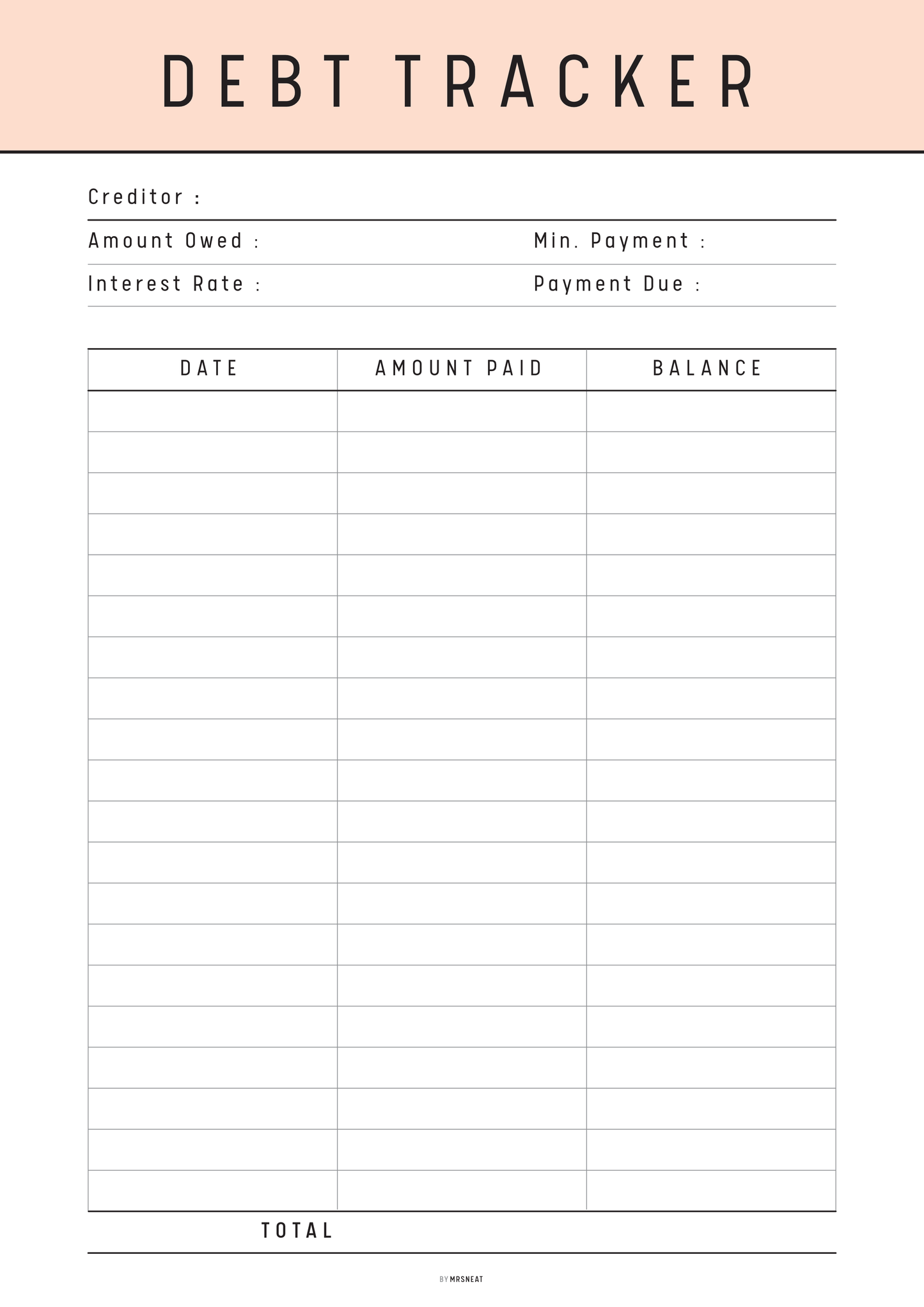 Debt tracker sheet with columns for creditor, amount owed, interest rate, min. payment, payment due, date, amount paid, and balance.