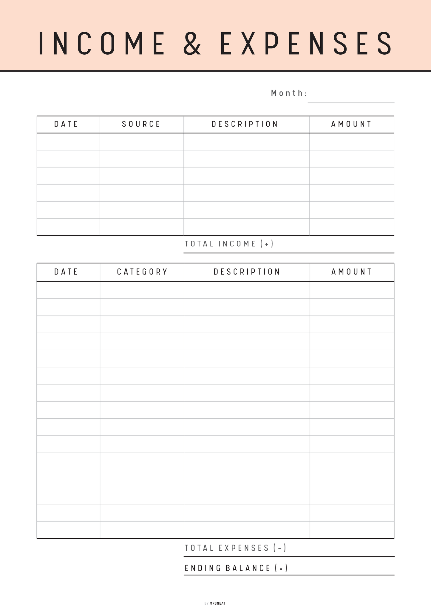 Income and expenses tracker with a pink top border