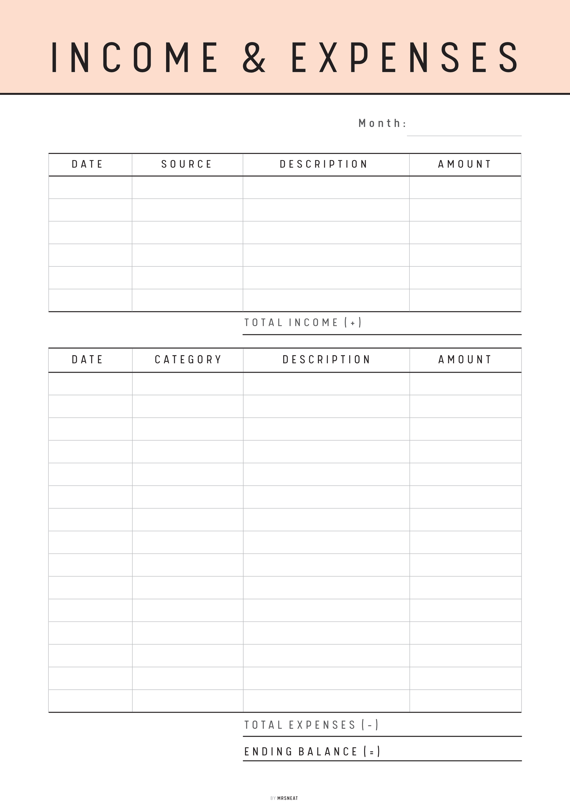 Income and expenses tracker with a pink top border