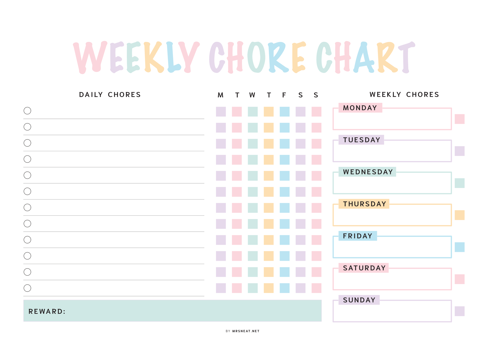Weekly chore chart with colorful checkboxes for daily and weekly chores on a white background.