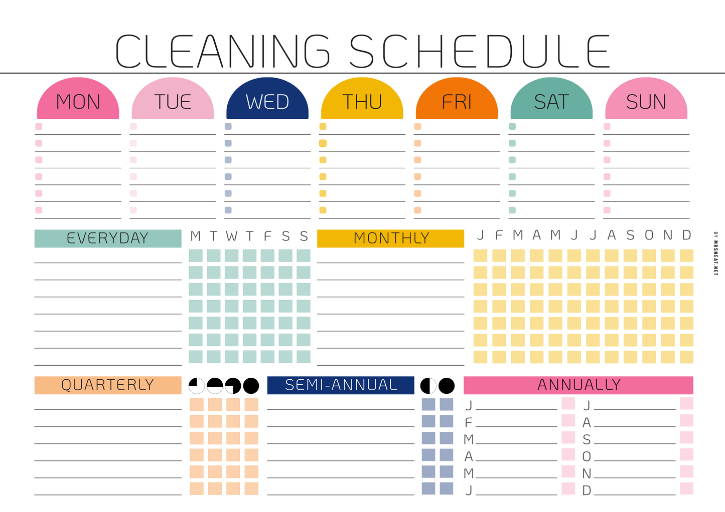 Cleaning schedule with colorful labels for days of the week and types of cleaning.
