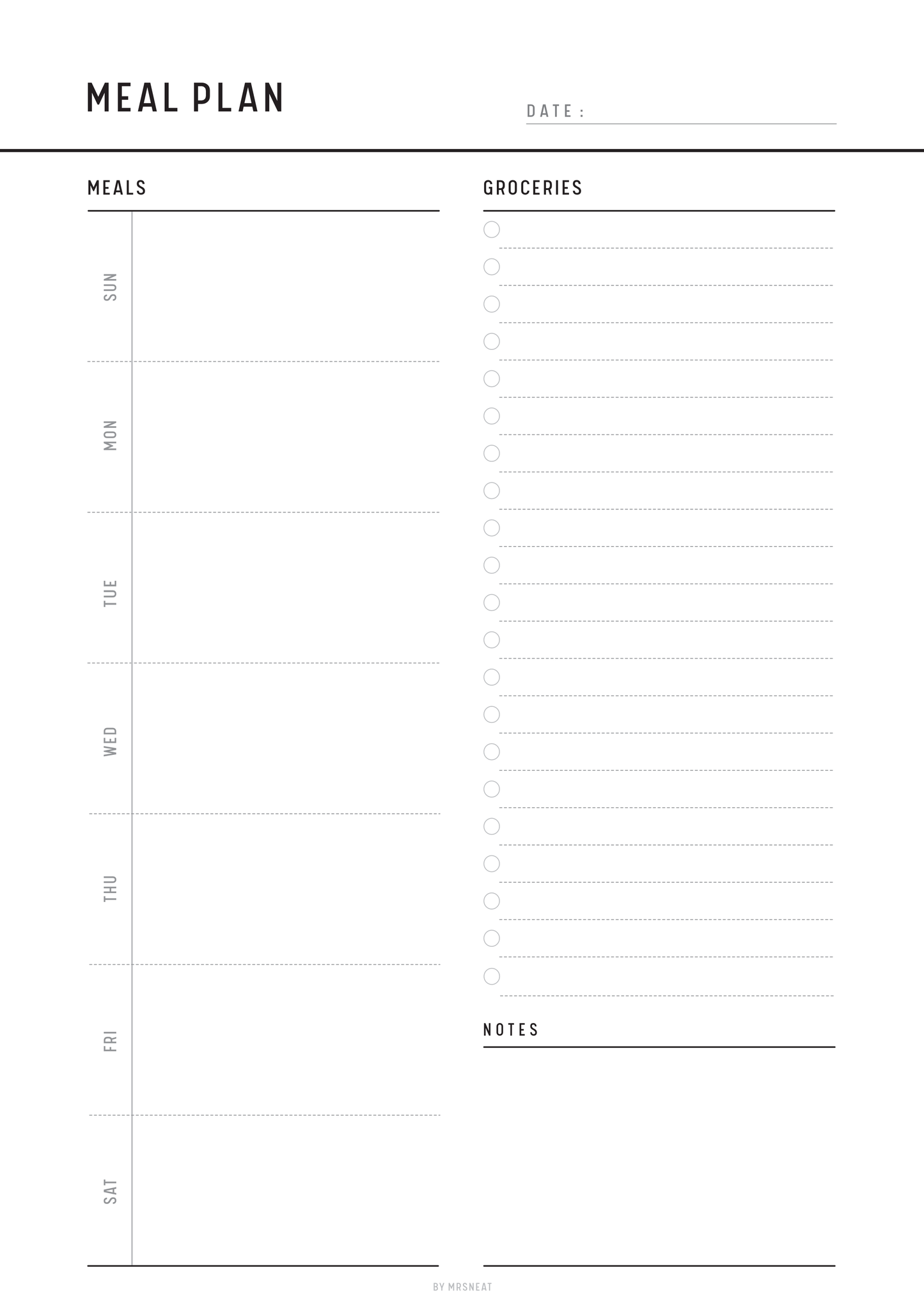 Meal plan template with columns for meals, groceries, and notes.