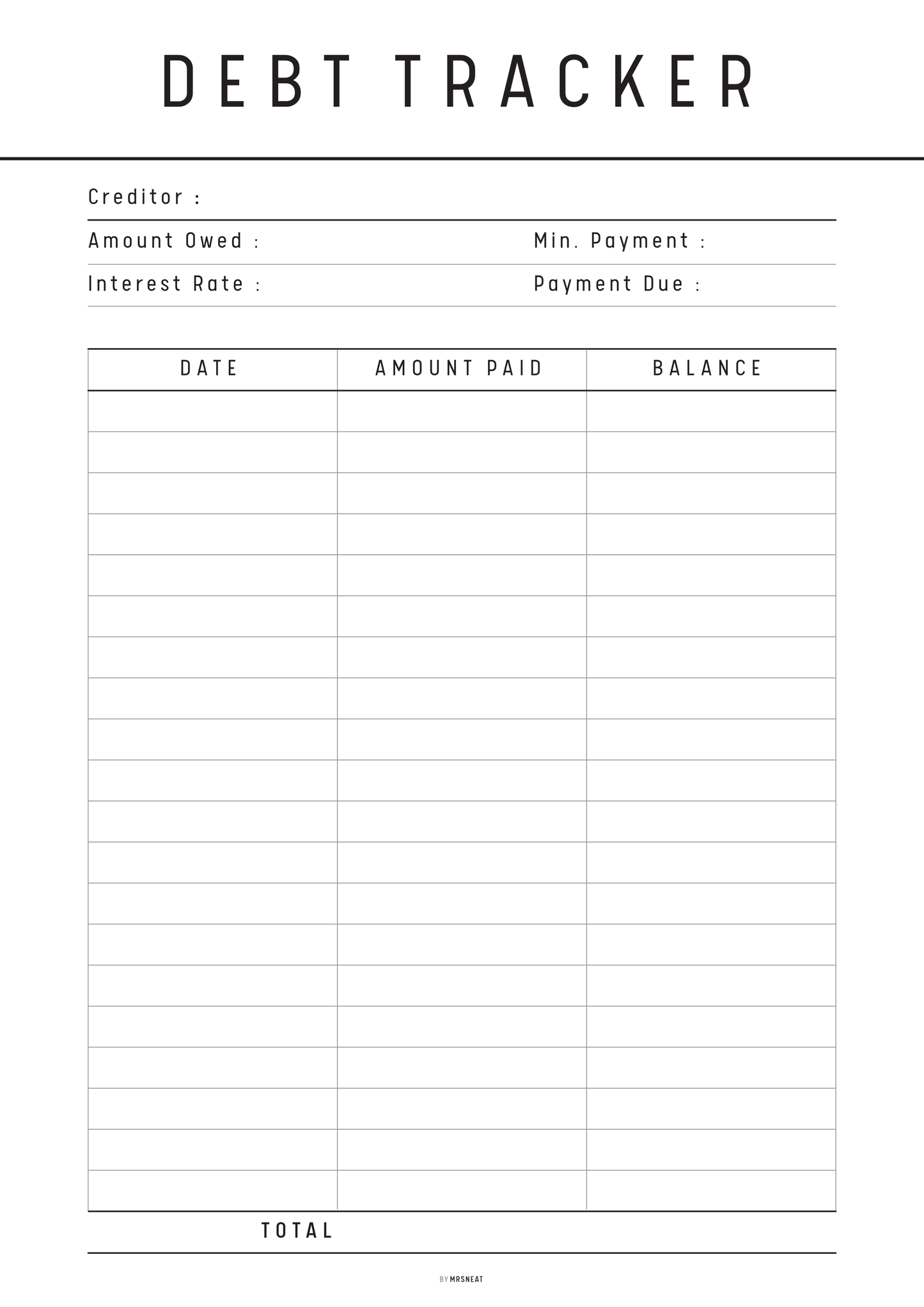 Debt tracker sheet with columns for creditor, amount owed, interest rate, min. payment, payment due, date, amount paid, and balance.