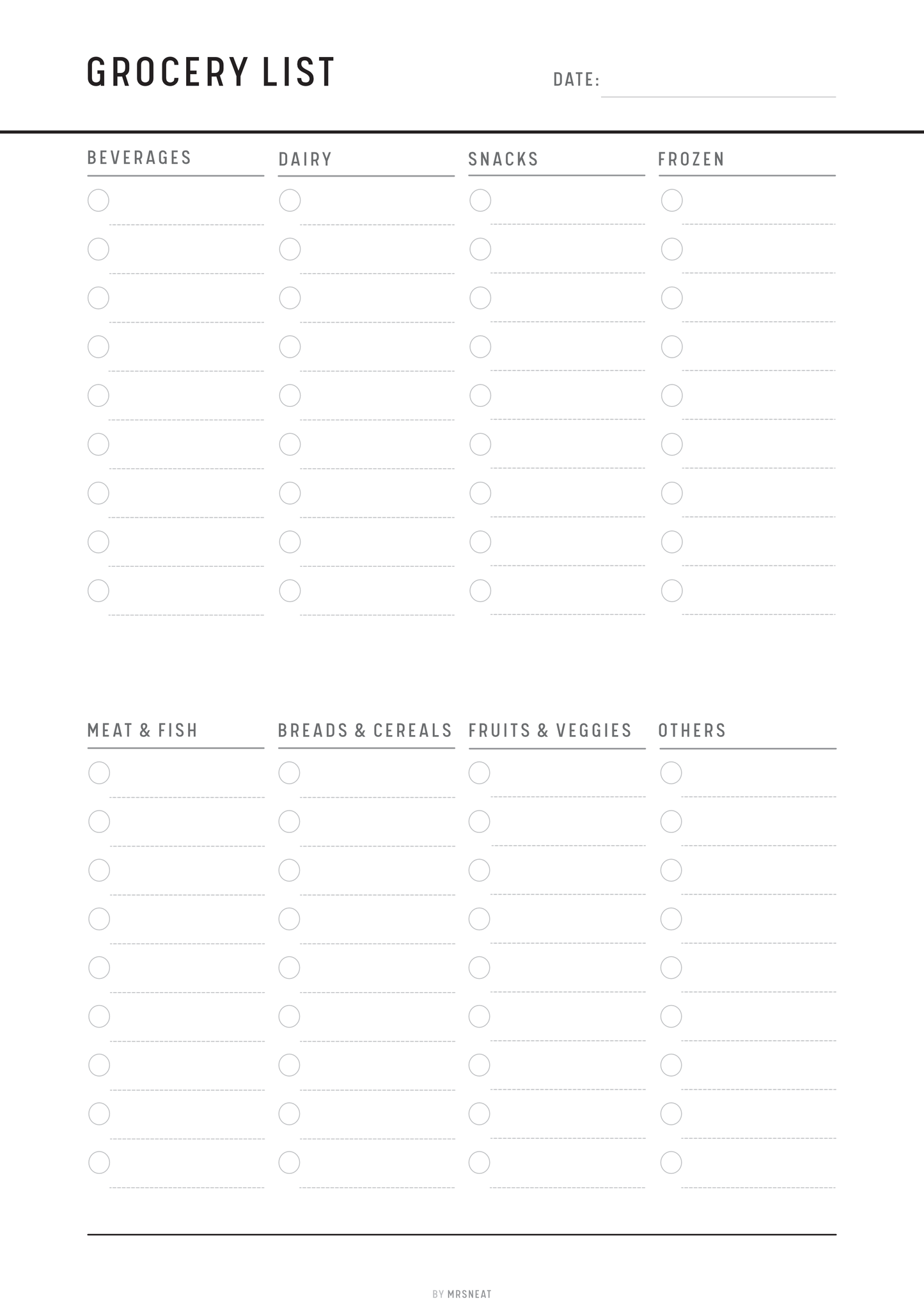 Blank grocery list template with categories at the top