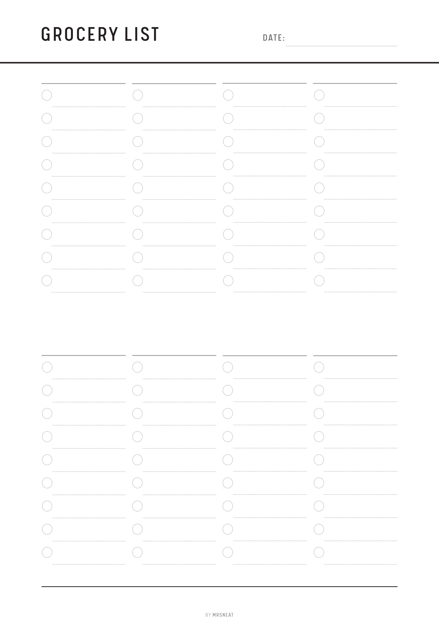 Blank grocery list template with checkboxes on a white background