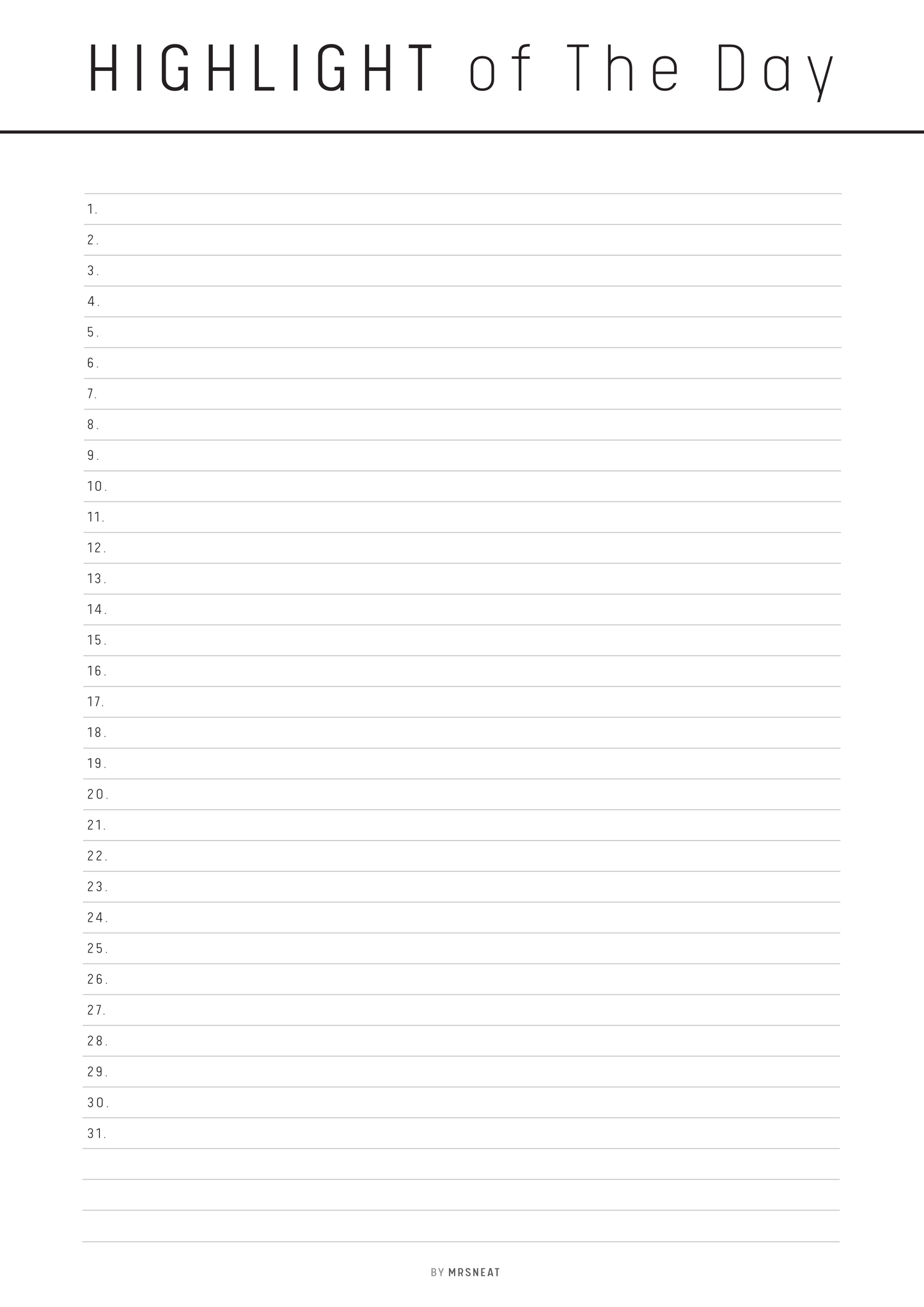 Blank list titled 'Highlight of the Day' with lines for text on a white background