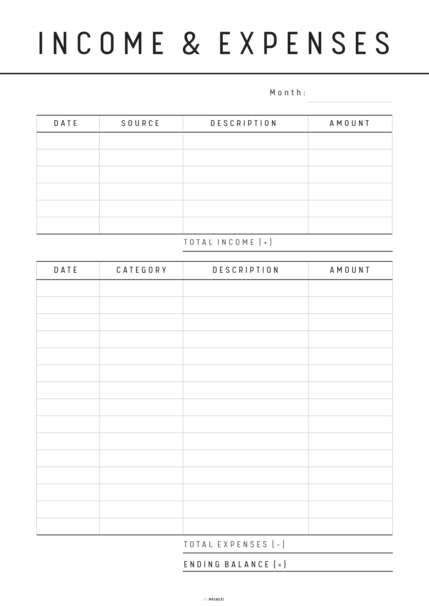 Income and expenses tracker form with columns for date, source, description, and amount.