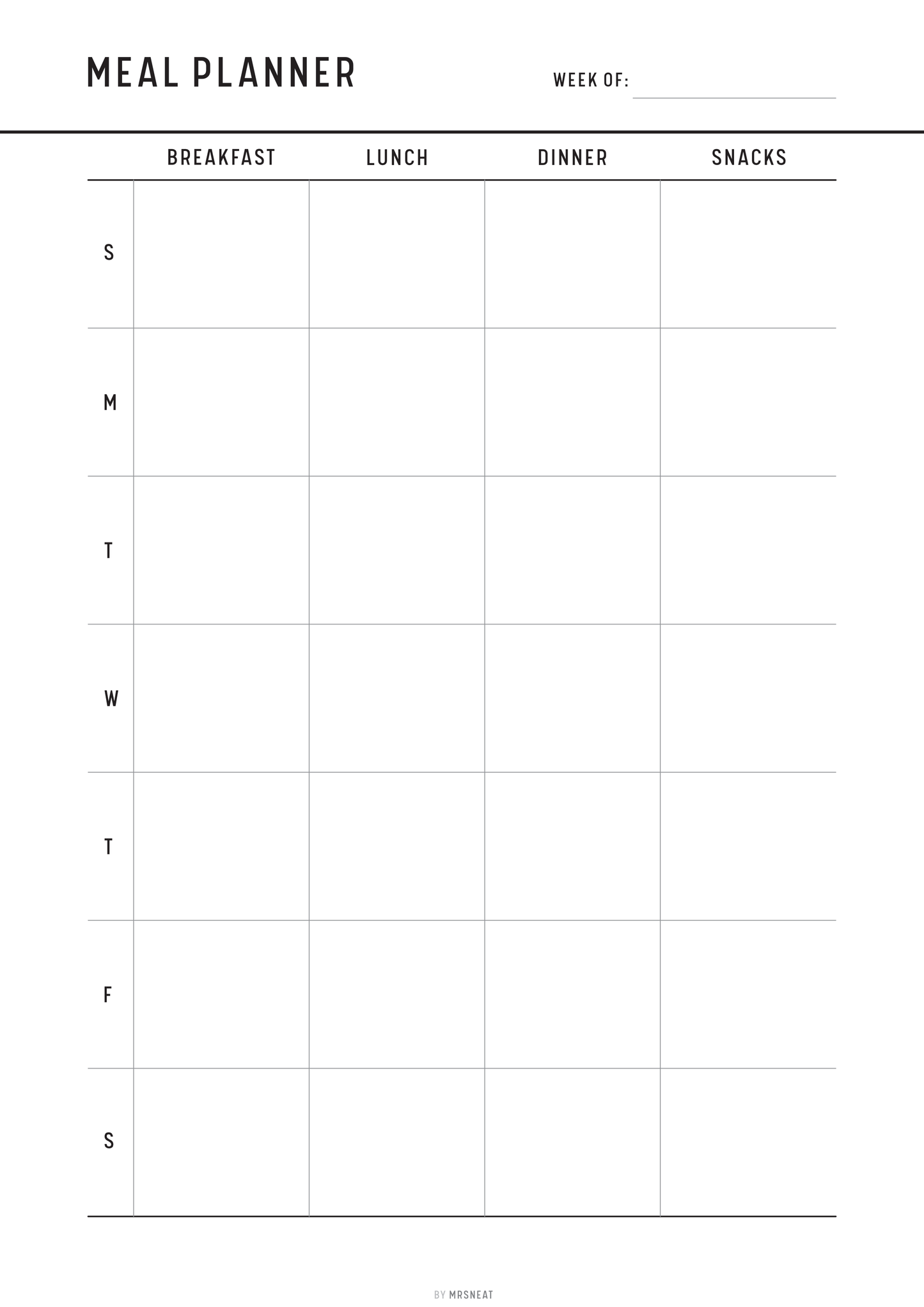 Meal planner template with days of the week and meal categories with Sunday Start